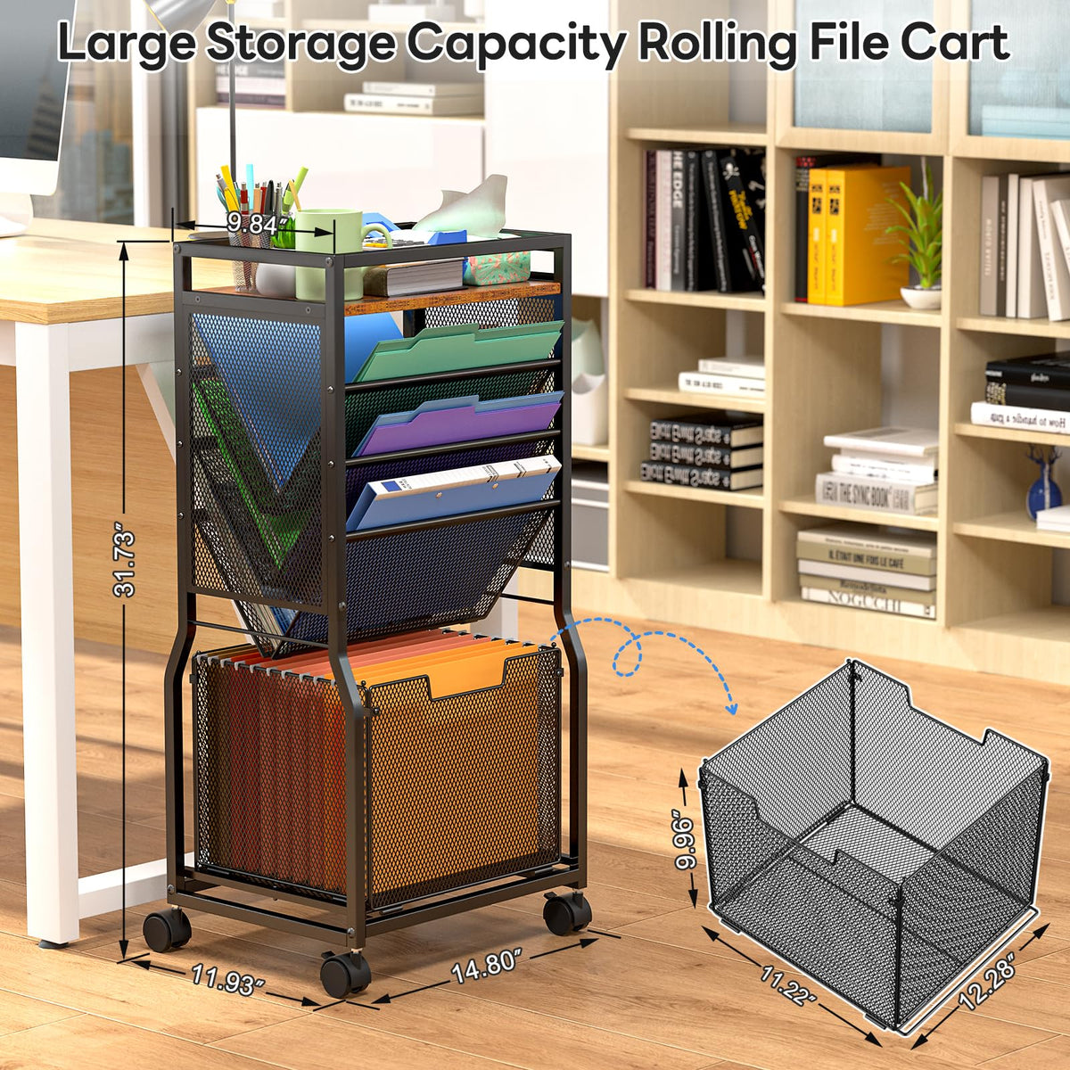 DAOUTIME 8 Tier Rolling File Cart with Hanging File Folder Organizer, Mobile File Organizer with 2 Sides Access Bookcase, Beside/Under Desk Cart with Wheels for Office Home School
