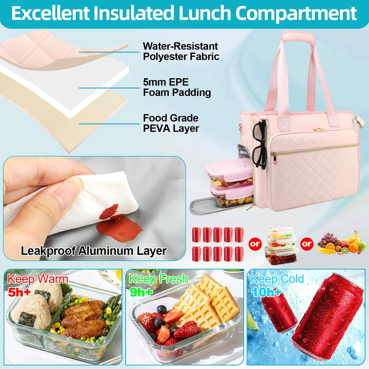 ahzske Lunch Work Tote Bag for Women with Accordion File Organizer Pocket, 3 in 1 Daily Tote Bag with Insulated Lunch Compartment& 15.6 Inch Laptop Compartment for Business Teacher Nurse (Pink)
