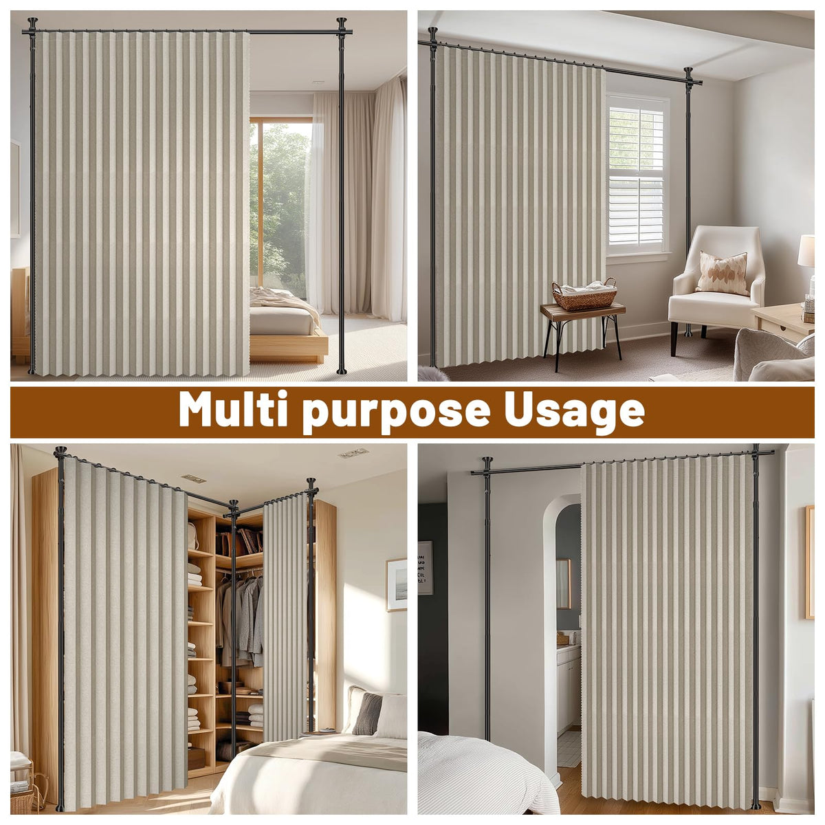 AJAZZ 100% Blackout Room Divider Curtains Sets Cream White W100 x L96 in,1 Panel Curtain Rods No Drilling Adjustable Tension (H) 43-120×(W) 35-100 in for Office Privacy Partition Separator