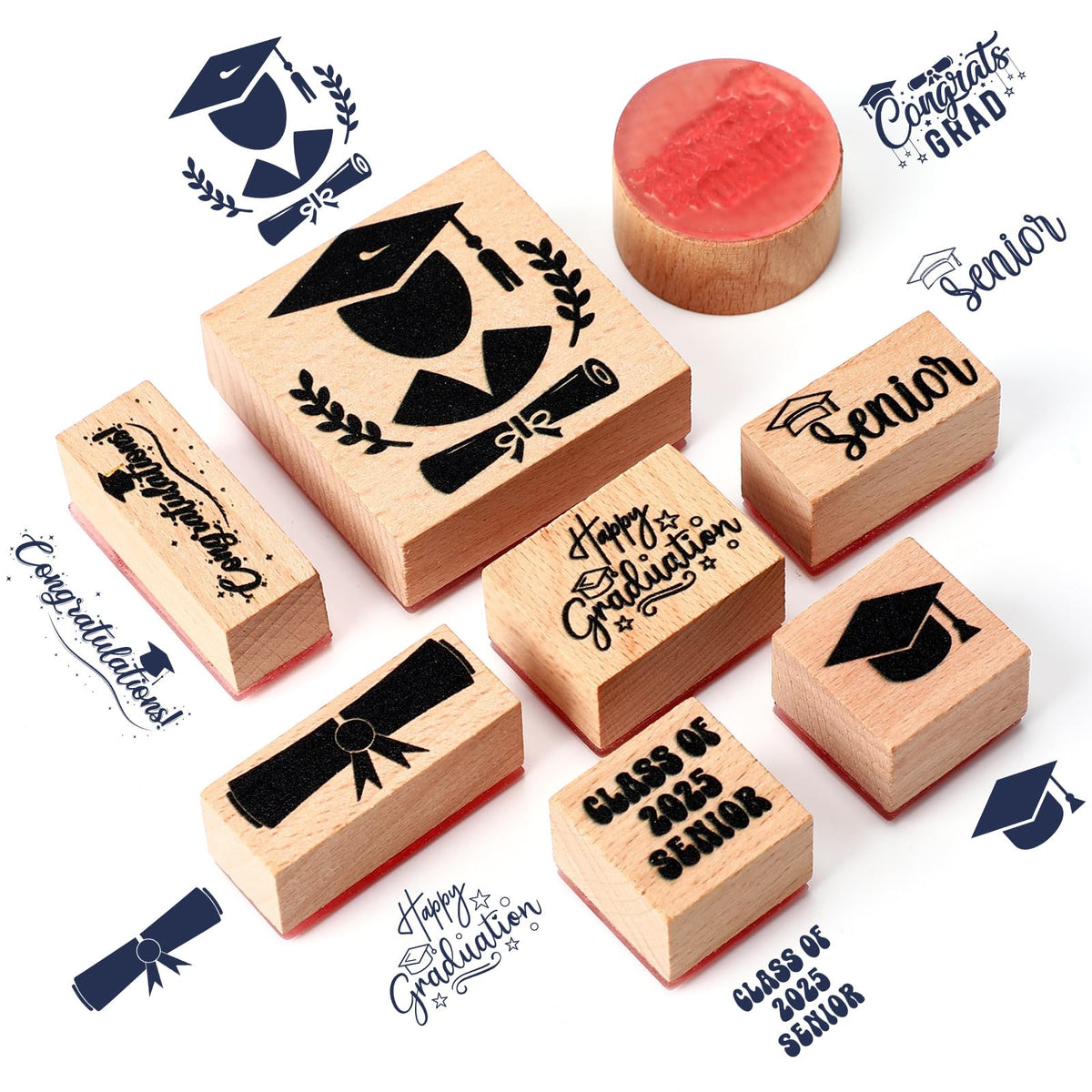 Supervitae 8 Pcs Graduation Rubber Stamps Set Wooden Rubber Stamps Graduation Season Vintage Wooden Rubber Art Stamps for Crafting and DIY Scrapbooking Card Making Hand Book