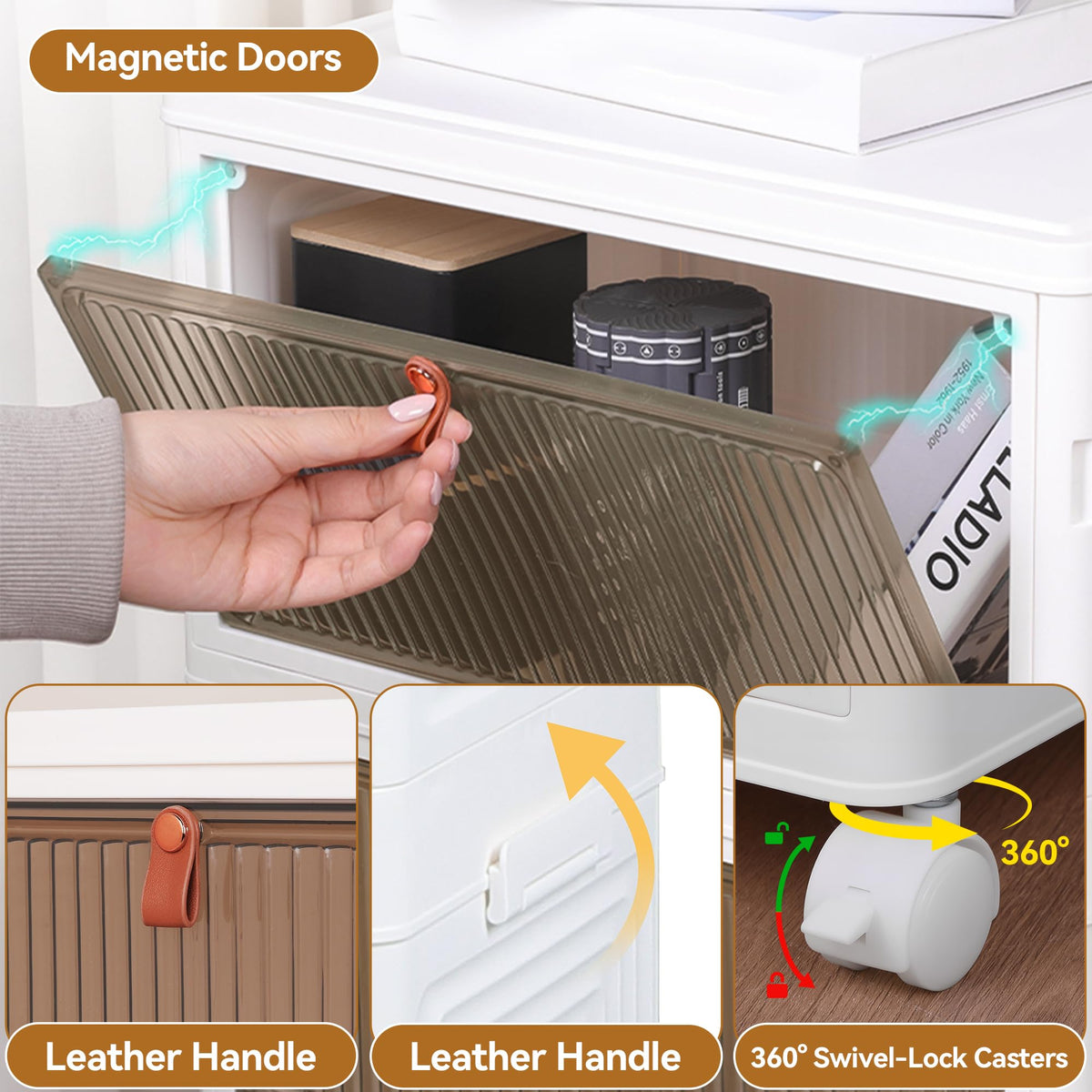 LDQ 4 Tier 136QT Foldable Storage Bins with Lids, Stackable Plastic Organizer Cabinet with Wheels, Multi-Purpose Containers for Living Room, Bathroom, Office & Dorm