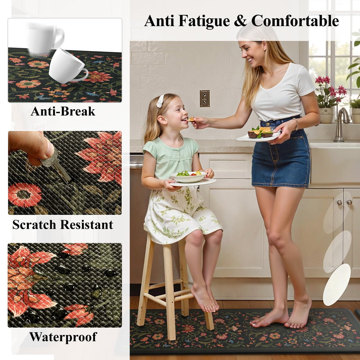 Collive Kitchen Mats for Floor 2PCS, Cushioned Anti Fatigue Mat Non Slip Waterproof Kitchens Sink Rug, Floral Comfort Padded Standing Mat for Laundry, Desk, Bar, Office, 17.3"x29"+17.3"x47", Black