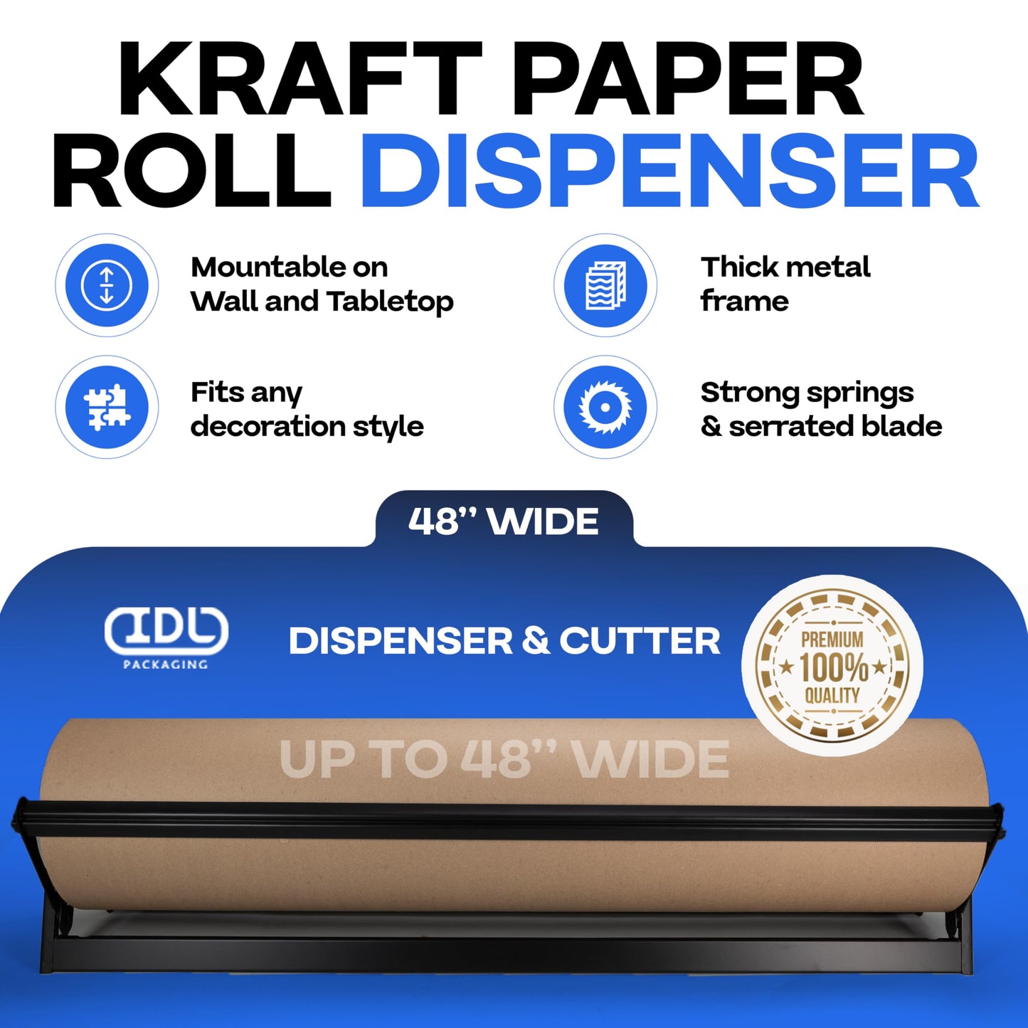 IDL Packaging 48" Kraft Paper Roll Dispenser & Cutter for Rolls up to 48" Wide and 9" in Diameter - Wall & Tabletop Reinforced Steel Paper Holder with a Cutter - for Kraft and Butcher Paper