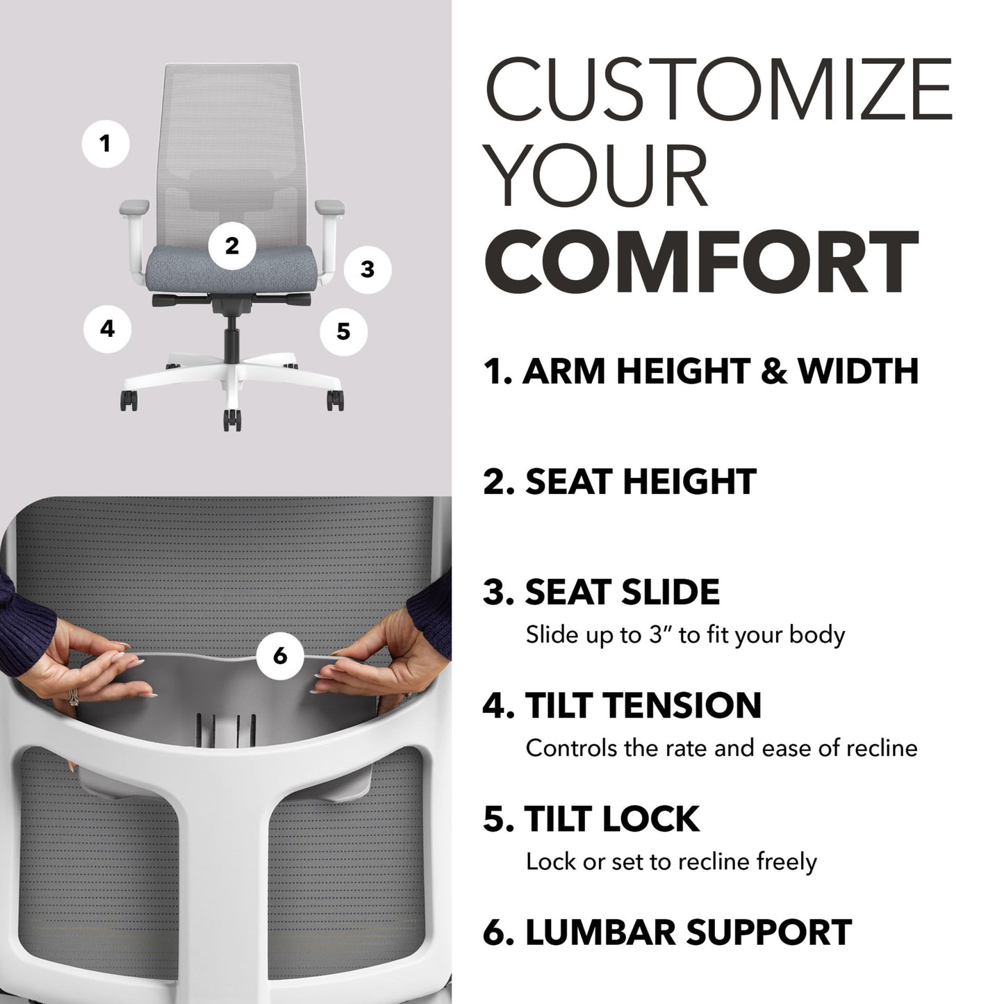 HON Ignition 2.0 Ergonomic Mesh Office Chair, Mid-Back, Synchro-Tilt, Home Office Desk Chairs, Basalt Seat Fabric, Fog Mesh, White Frame, Titanium Grey Adjustable Lumbar