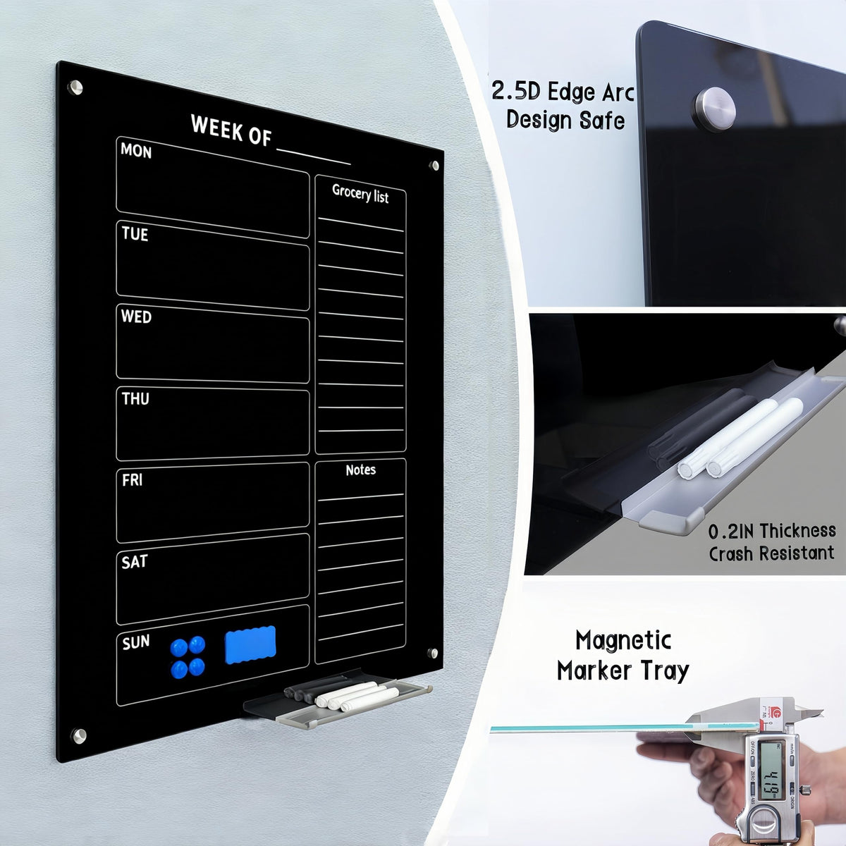 24" x 36" Magnetic Weekly Glass Planner Whiteboard Frameless Black Dry Erase Calendar for Office or Home Kitchen - Premium Tempered Glass, Vertical Wall-Mounted (6 Markers Included)