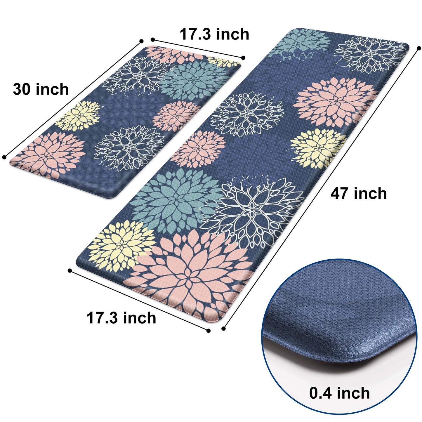 Anti-Fatigue Kitchen Mats Set 2 Piece, StepLively Blue Cushioned Foam Non-Slip Waterproof Standing Mats, Oeko-TEX Certified for Sink, Stove, Office & Laundry (17.3"x30"+17.3"x47")