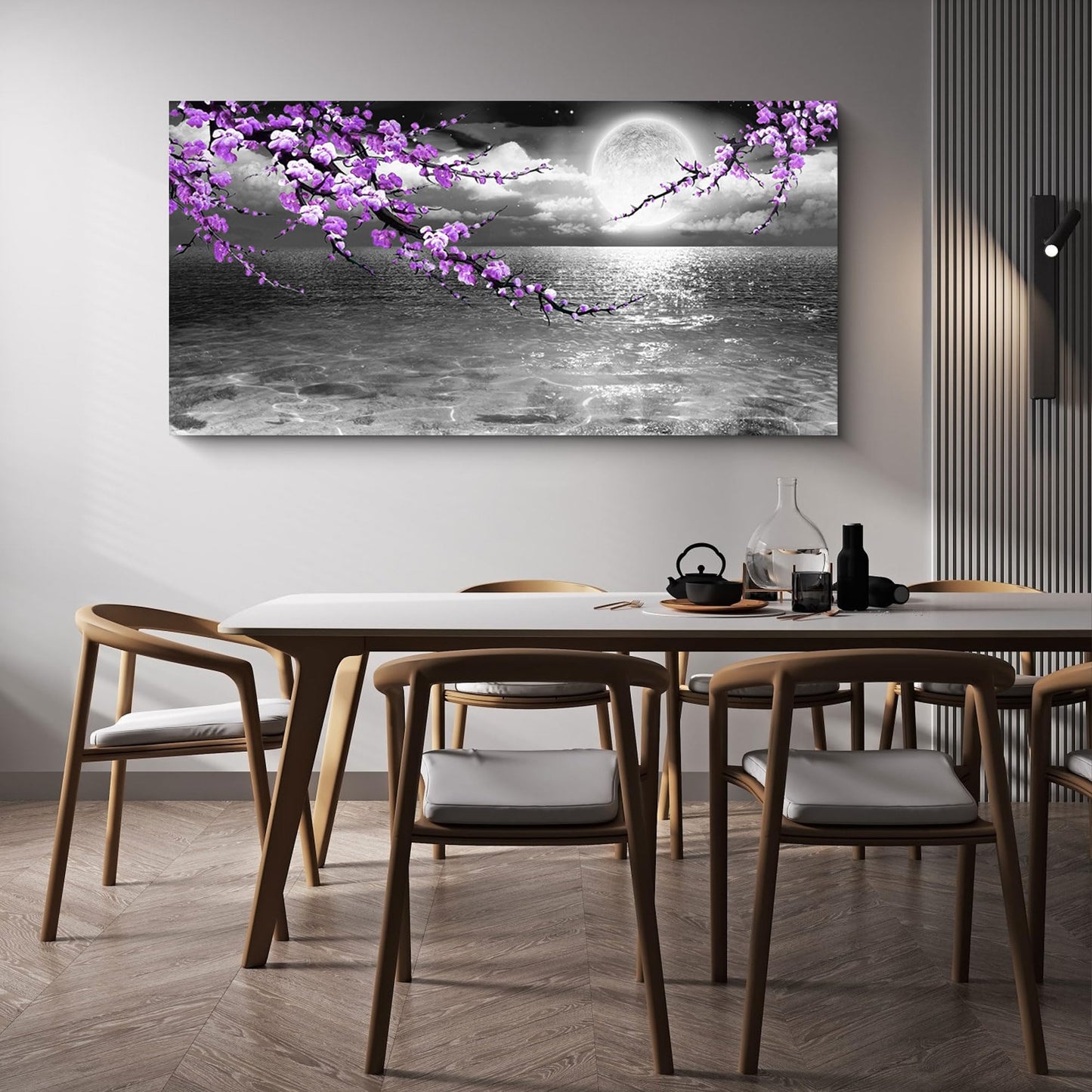 Large Purple Wall Art Decor for Living Room Bedroom Framed Black and White Seascape Full Moon Purple Flower Painting Canvas Picture Modern Hand-Painted Plum Blossom Artwork for Home Office 24x48