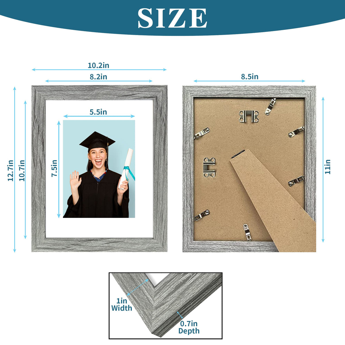 Hongkee 8.5 x 11 Picture Frame Set of 4, Made of Real Glass and Grey Certificate & Diploma Frame, 8.5 by 11 Photo for Wall or Tabletop - Display Picture 6x8 with Mat or 8.5x11 Without Mat