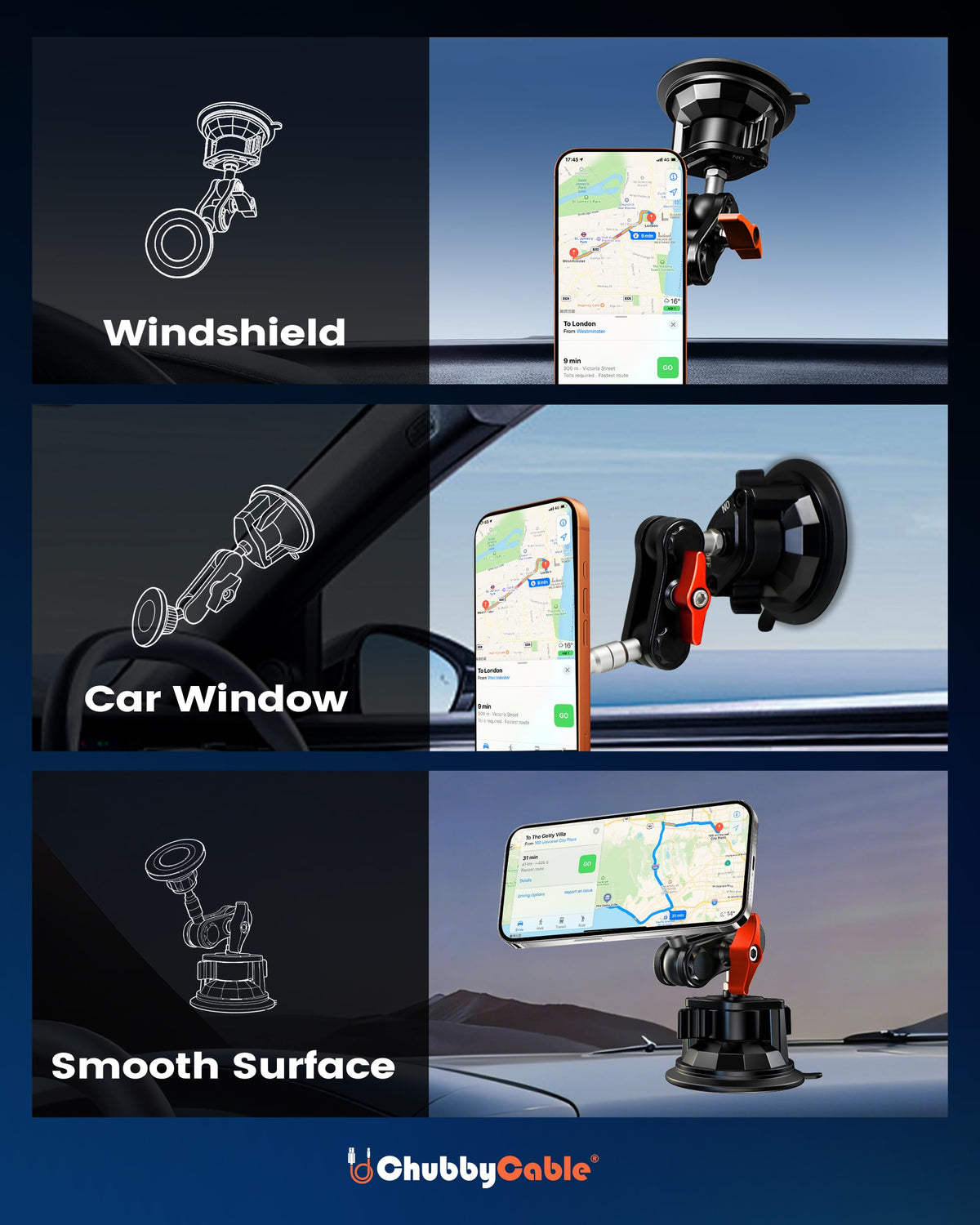 chubbycable ChubbyGrip Magnetic Car Phone Holder 360° Adjustable Car Phone Mount for Windshield, Ultra-Durable Metal Suction Cup Phone Mount for iPhone Samsung All Smartphone, Magnetic