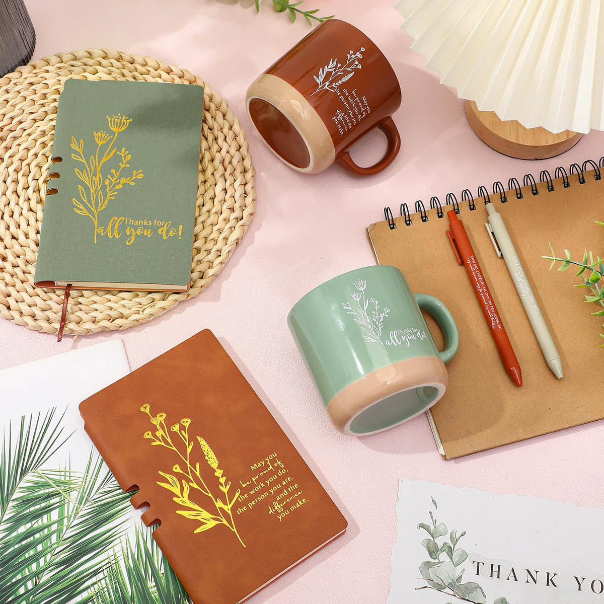 Didaey Employee Appreciation Gifts Set 13oz Boho Floral Ceramics Coffee Mugs with A6 Leather Notebooks Ballpoint Pens Bulk Teacher Thank You Gift for Volunteer Coworkers Staff Nurse(2 Sets,2 Colors)