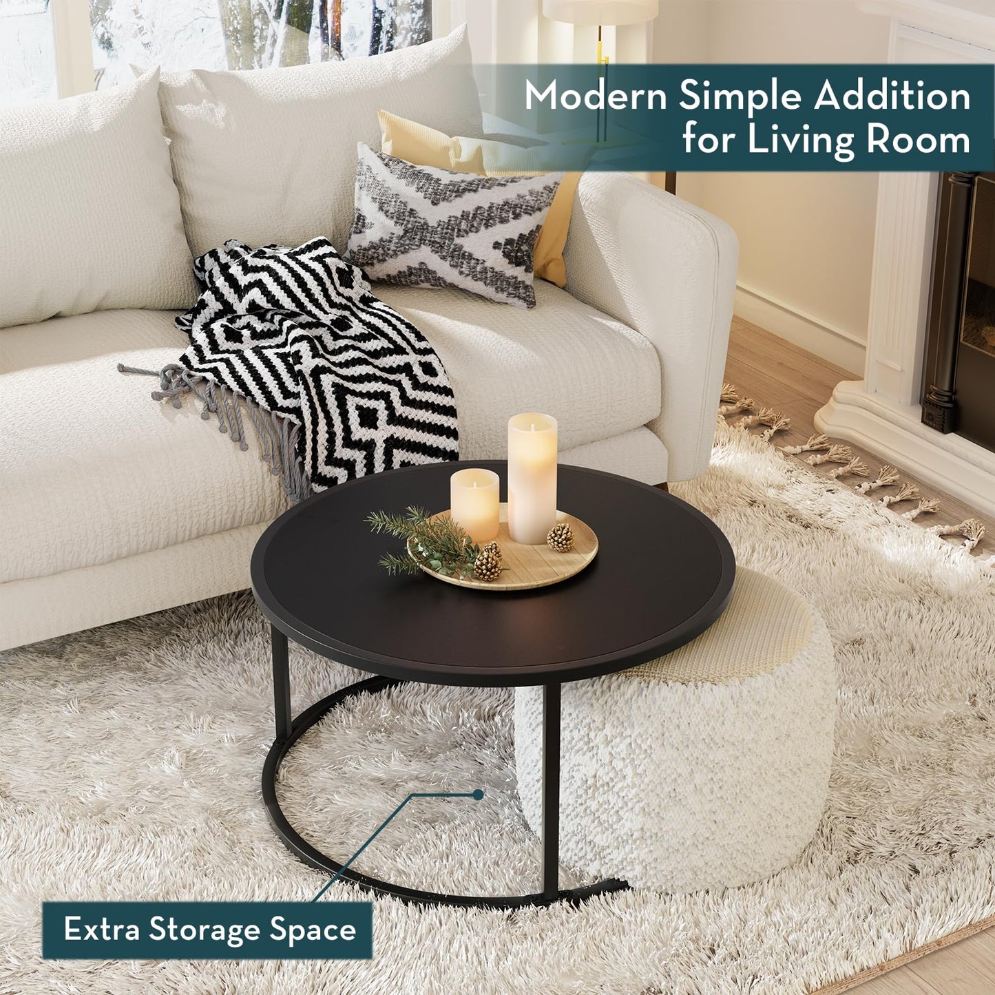 SAYGOER Small Round Coffee Table, Black Coffee Tables for Living Room, Modern Center Table for Small Space Home Office Gardern, 27.6 × 27.6 × 17.7inch, Black