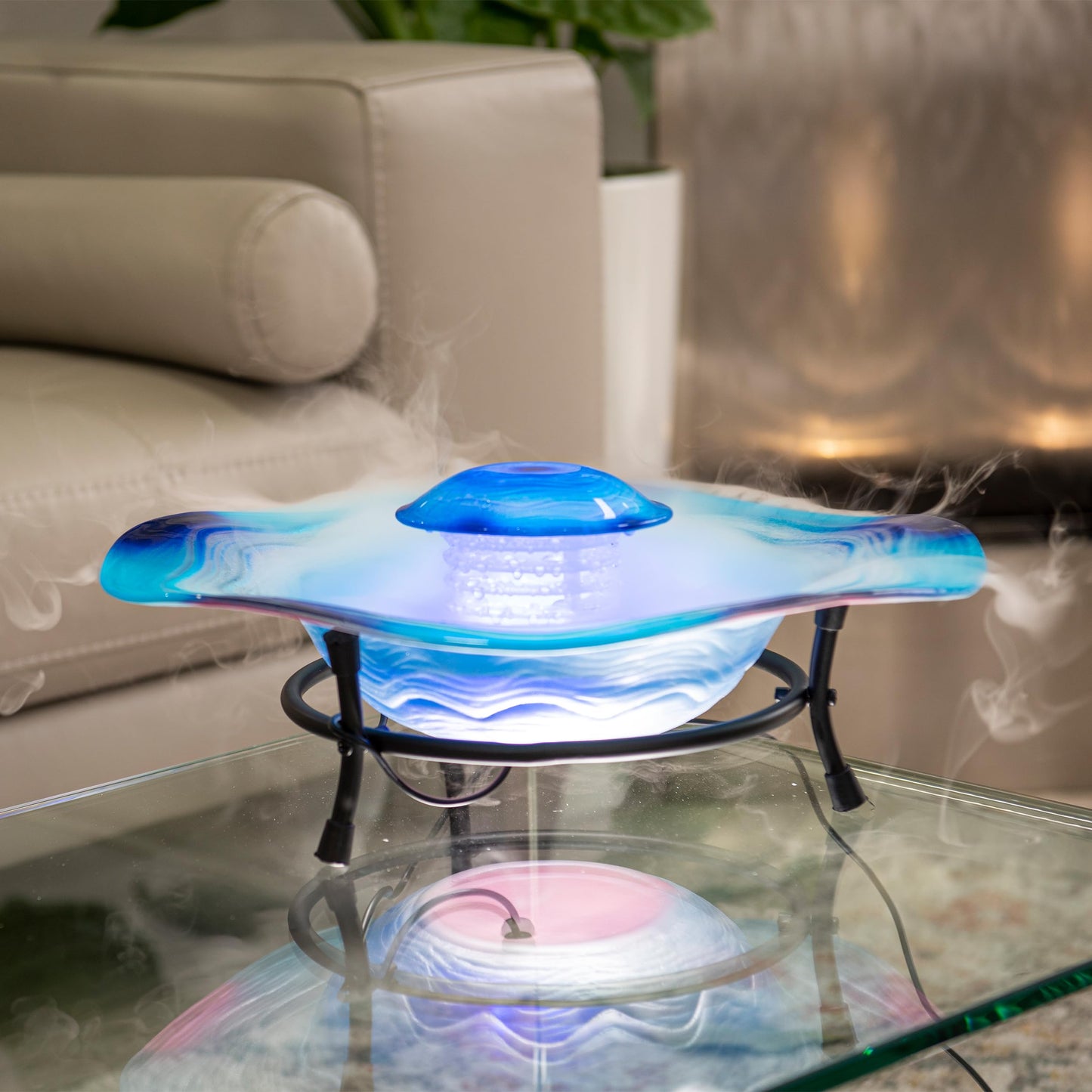 XBrand 8" Color-Changing LED Mist Indoor Tabletop Fountain, Freestanding Water Feature with Inline Control, Aromatherapy Humidifier, Glass & Metal, Blue