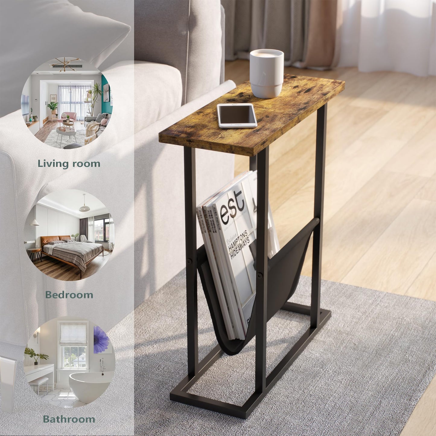 Yusong Narrow Side Table for Small Spaces, Small End Table with Magazine Holder, Skinny Slim Little Thin Table for Living Room, Bedroom, Sofa, Rustic Brown