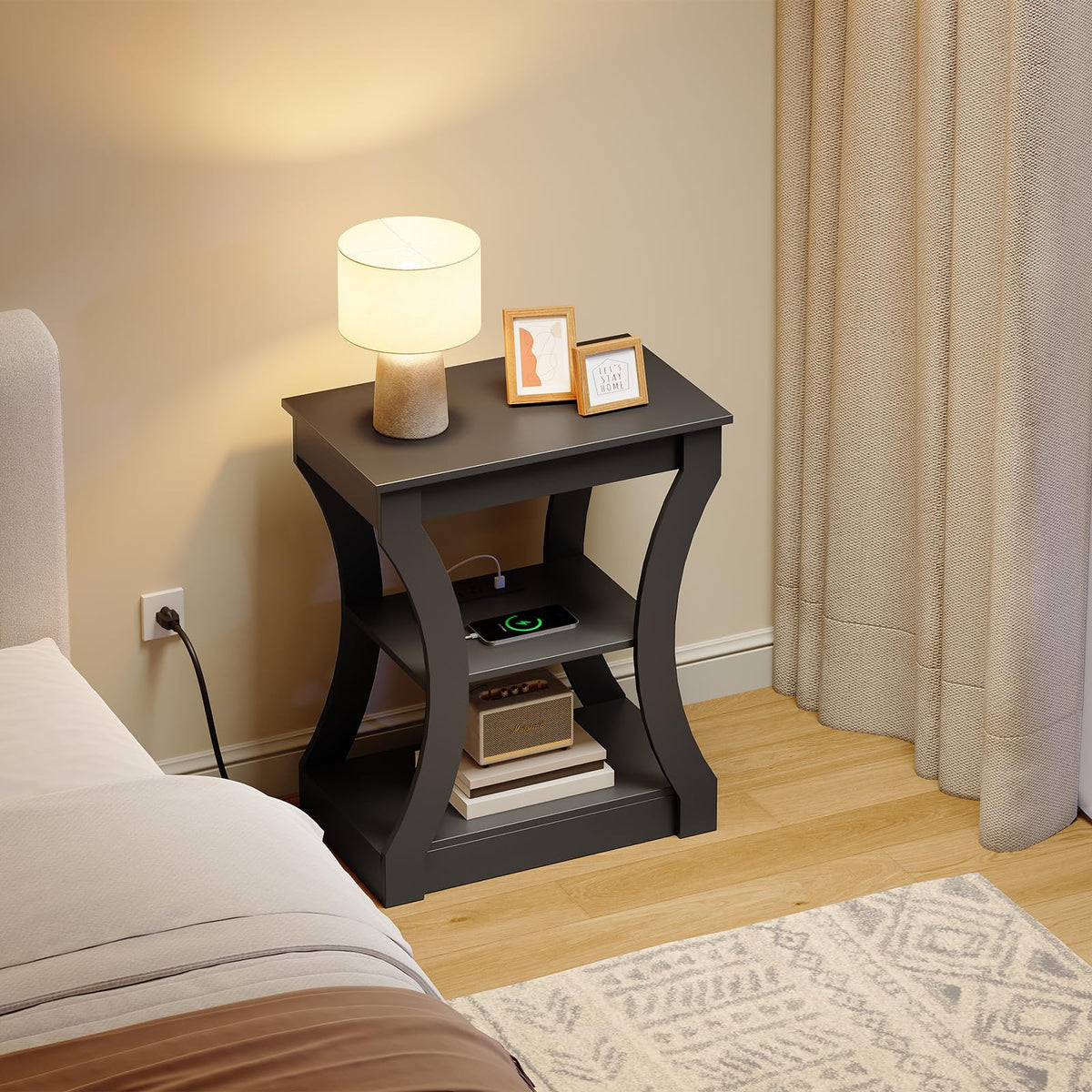MAHANCRIS Black End Table with Charging Station, Skinny Side Table with USB Ports and Outlets, Nightstand, 3 Tier Bedside Table with Storage Shelf for Living Room, Bedroom, Small Space ETBK53E01
