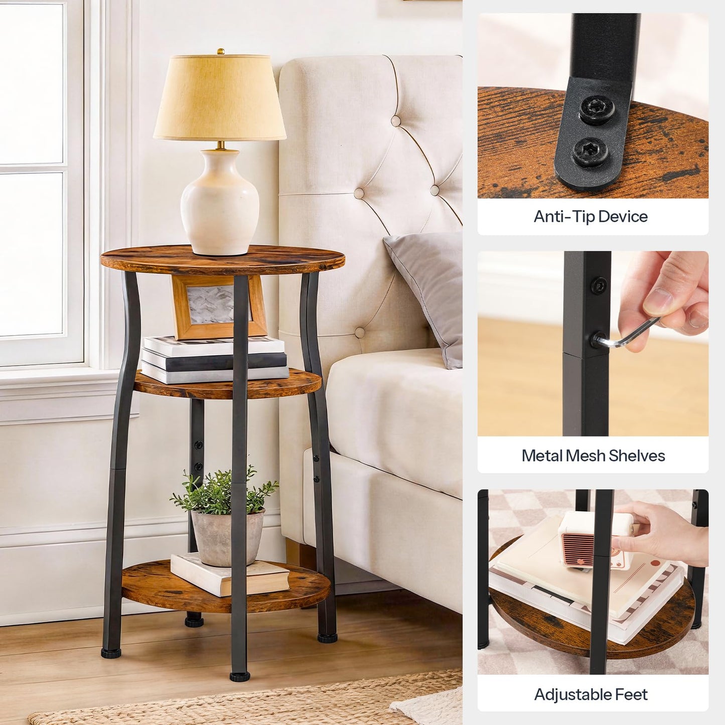 HOOBRO Narrow End Table with Storage, 3-Tier Small Oval Side Table, Slim Bedside Table for Small Spaces, Corner Sofa Table for Living Room, Bedroom, Rustic Brown and Black BF258BZ01