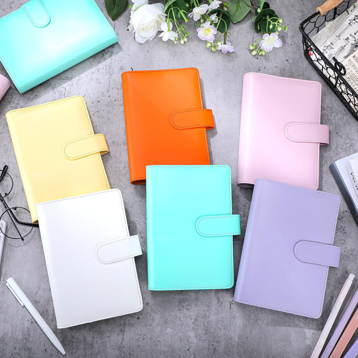 Chuangdi 24 Pcs A6 PU Leather Budget Binder Bulk Refillable 6 Ring Notebook Cover Paper Pocket Loose Leaf Binder Personal Organizer Planner Magnetic Buckle Closure, Gift for Back to School