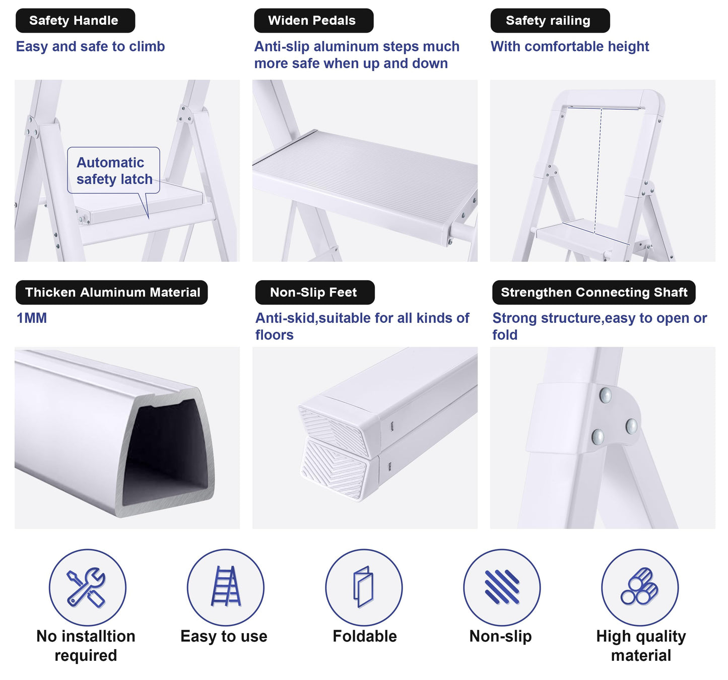 BIBKOKE Step Ladder 4-Step White Finish Aluminum Folding Step Ladders,Anti-Slip Max 330 lbs