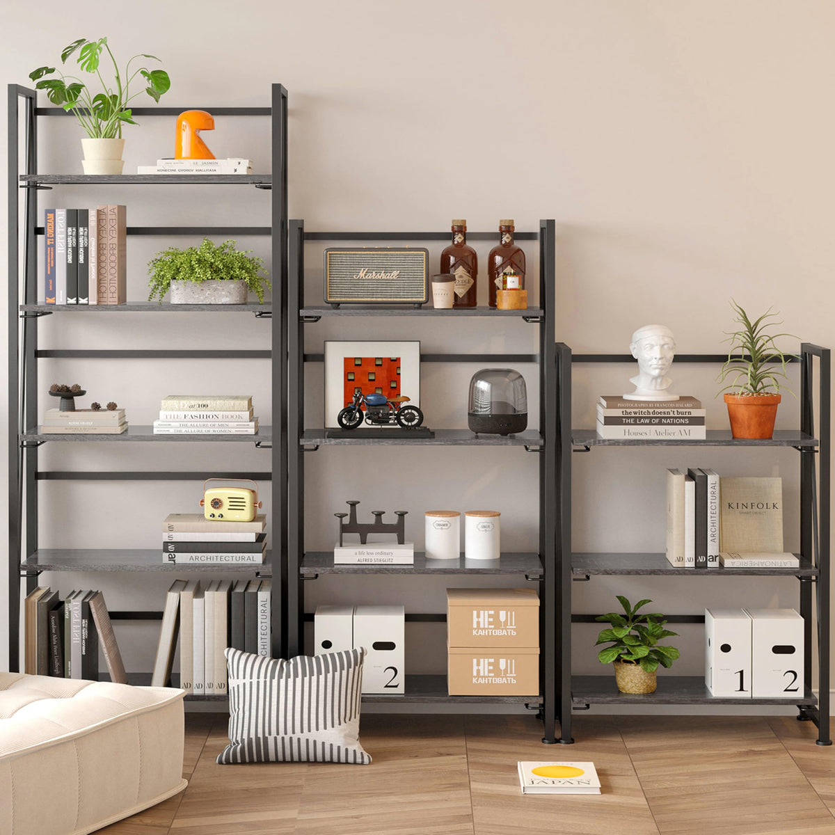 BHG Vintage Multifunctional Folding Bookshelf, No-Assembly Plant Stand Storage Rack Shelves for Home Office (Gray, 5-Tier)