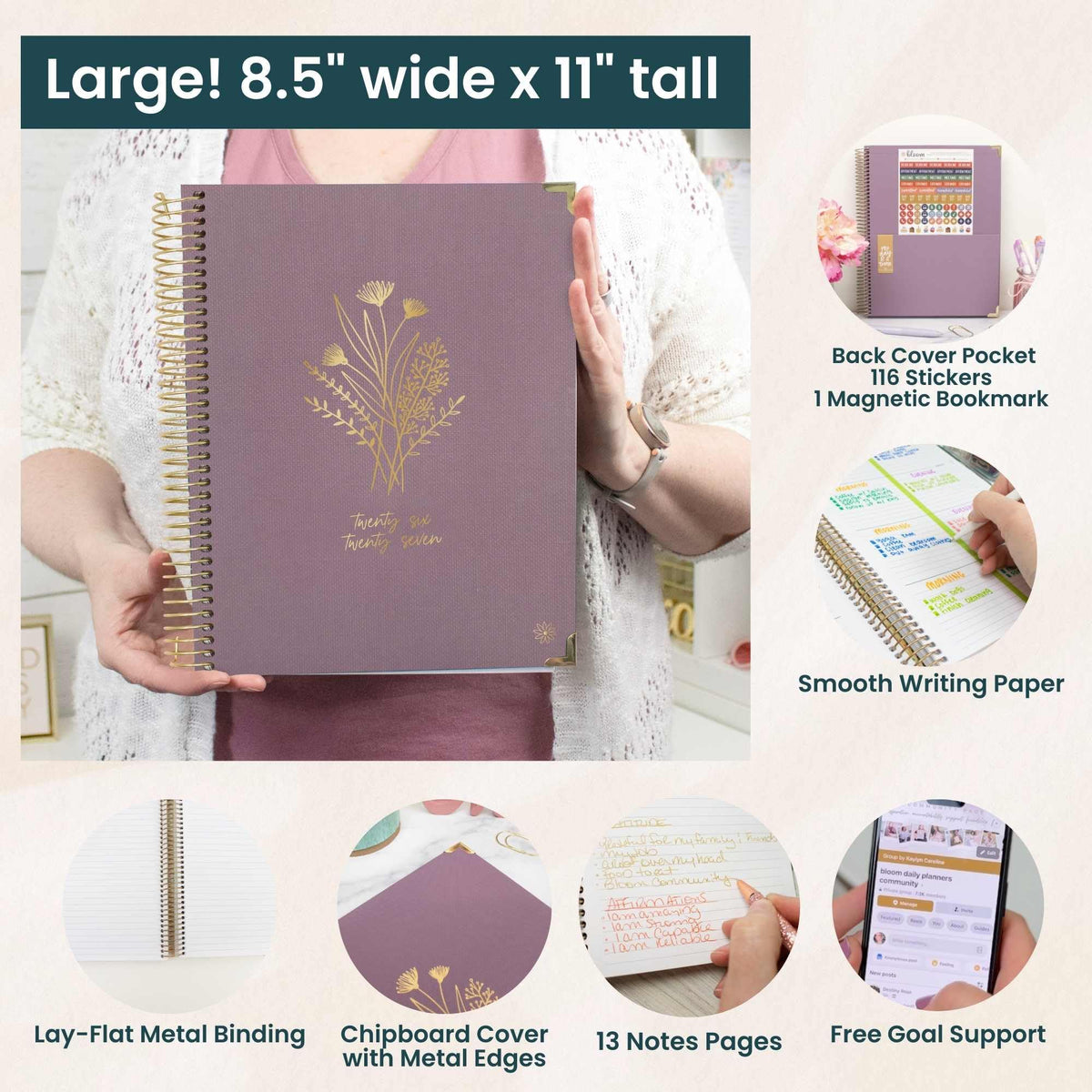 bloom daily planners HARDCOVER Planner 2026-2027 (8.5" x 11") Academic Year (July 2026 - July 2027) - 13 Months Task Goal Planner for Women - Monthly & Weekly Agenda Book - Purple Linen