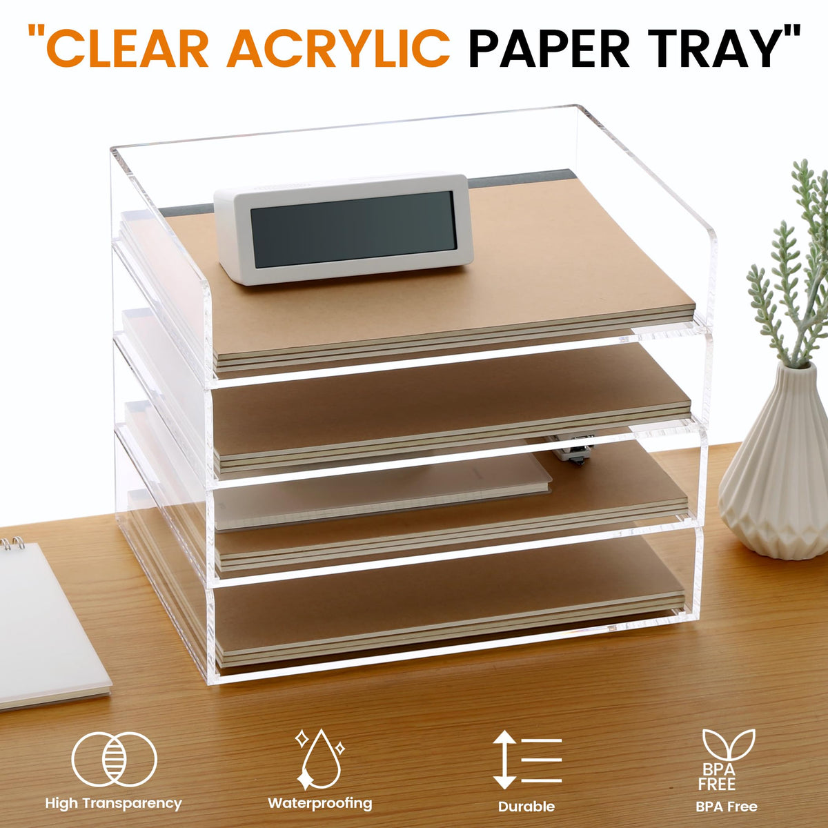 Acrylic Paper Tray, 4 Tier Paper Organizer for Desk, Clear Acrylic Desk Organizers, Stackable Letter Tray Workspace Organizer -Art Storage for School Classroom -4 Pack…