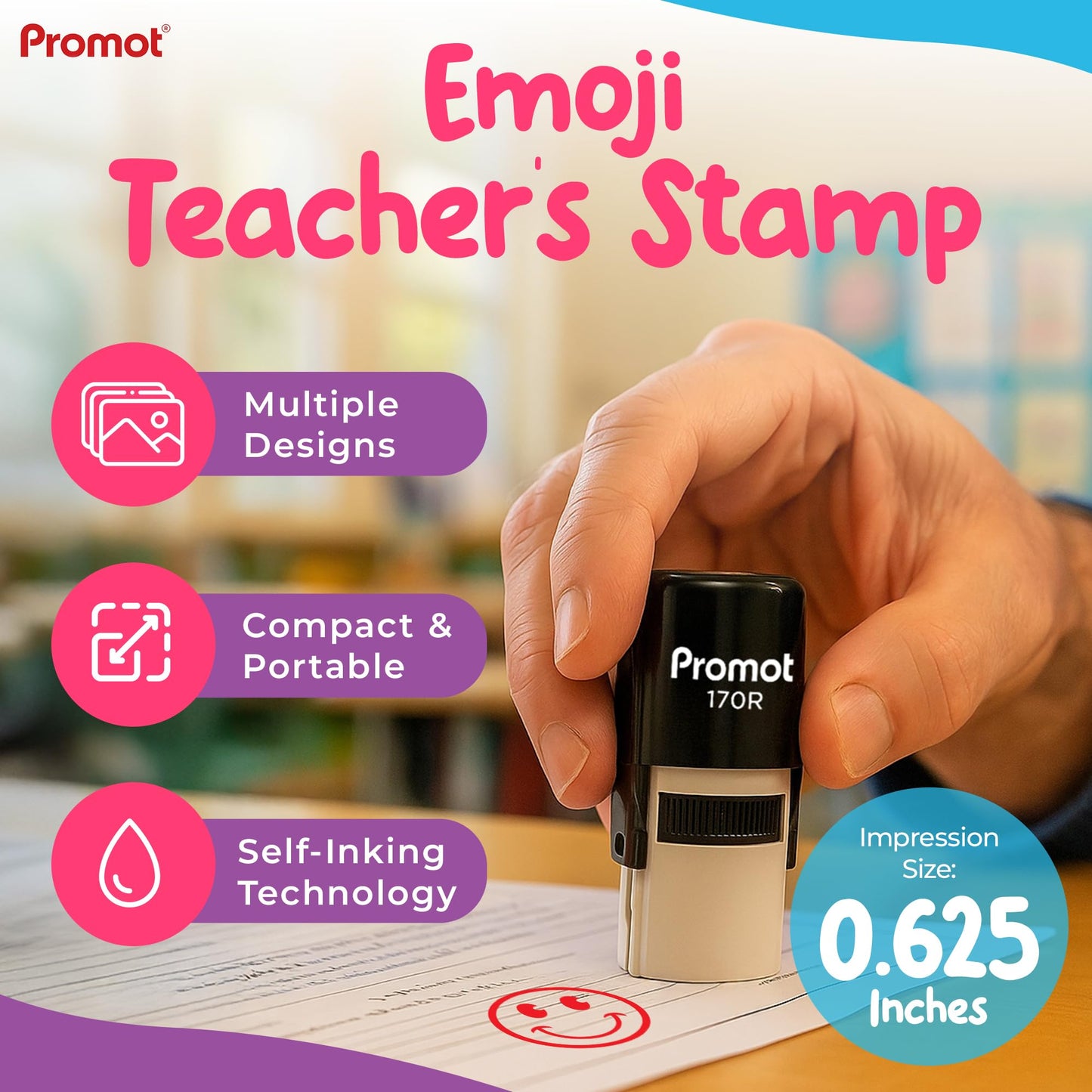 Promot - Self-Inking Stamps for Teachers, Round Rubber Stamp for Grading & Feedback, Quick-Dry Ink Stamps, Clear Imprint, Refillable Classroom Stamp & No-Mess Design (Smiley Red)