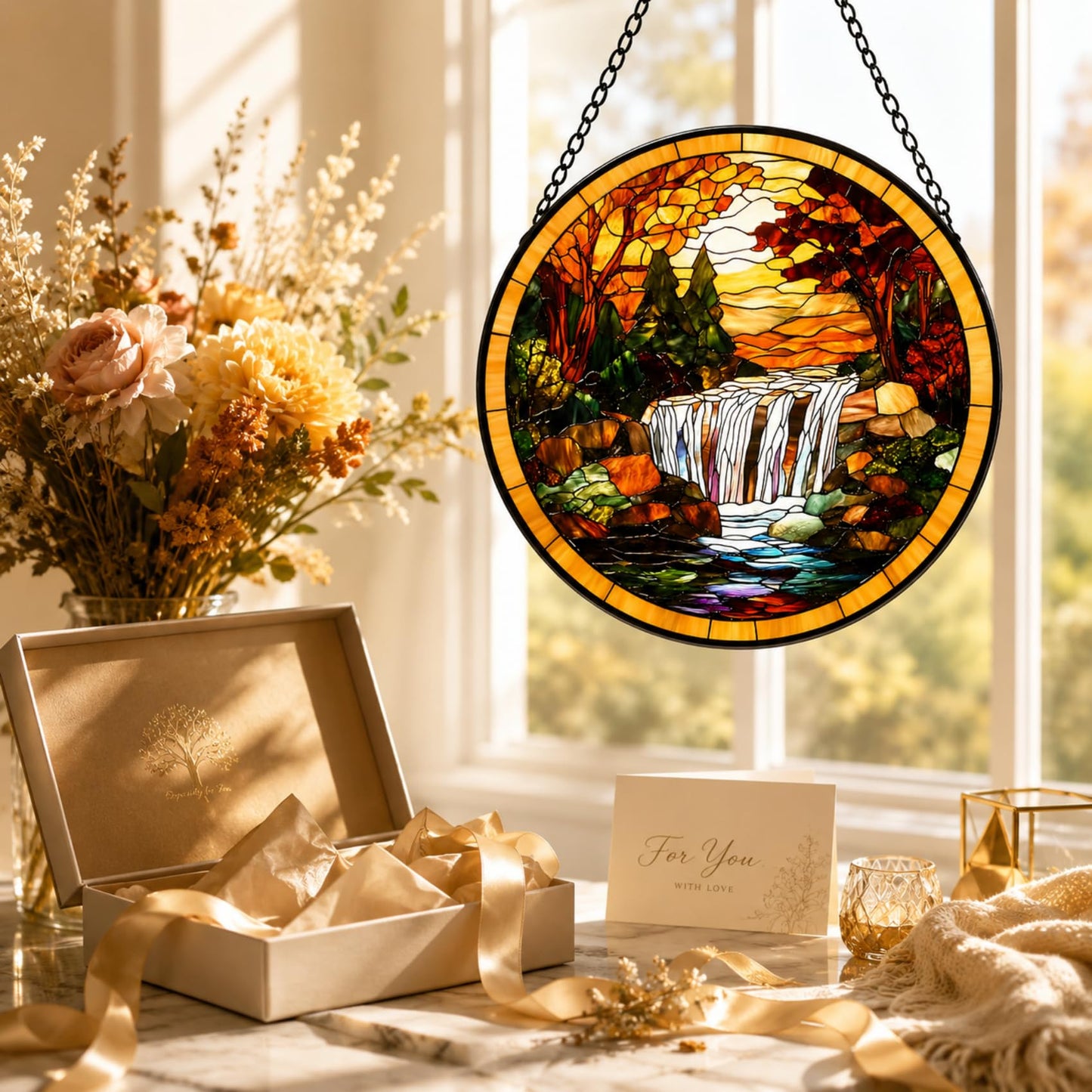Stained Glass Window Hanging- Autumn Waterfall Design，Suncatcher for Window, for Christmas, Mother's Day and Nature Lovers