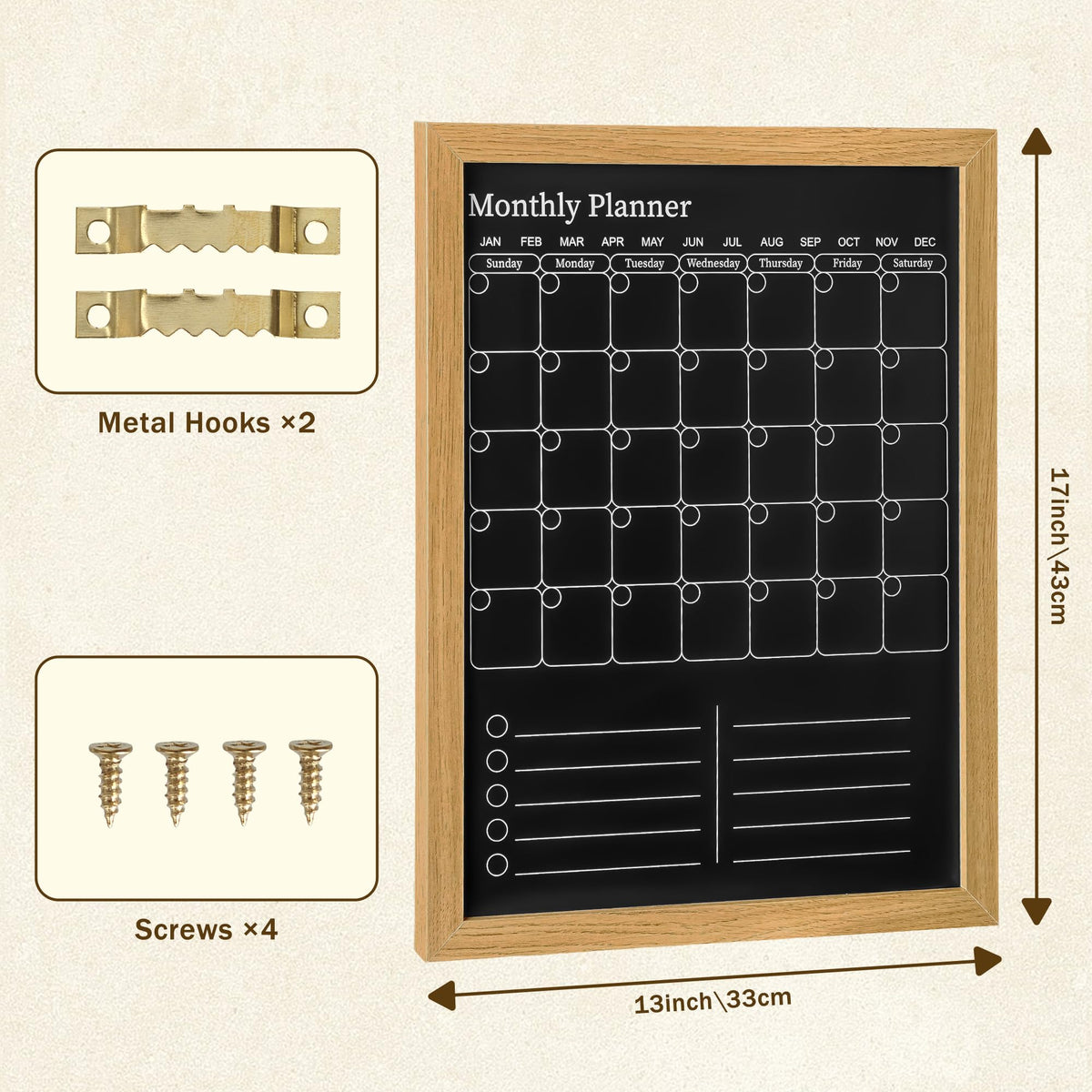 Magnetic Chalkboard Calendar for Wall – 17x13 Monthly Dry Erase Planner with Natural Wood Frame, 2-in-1 Vertical Memo & to-Do Board