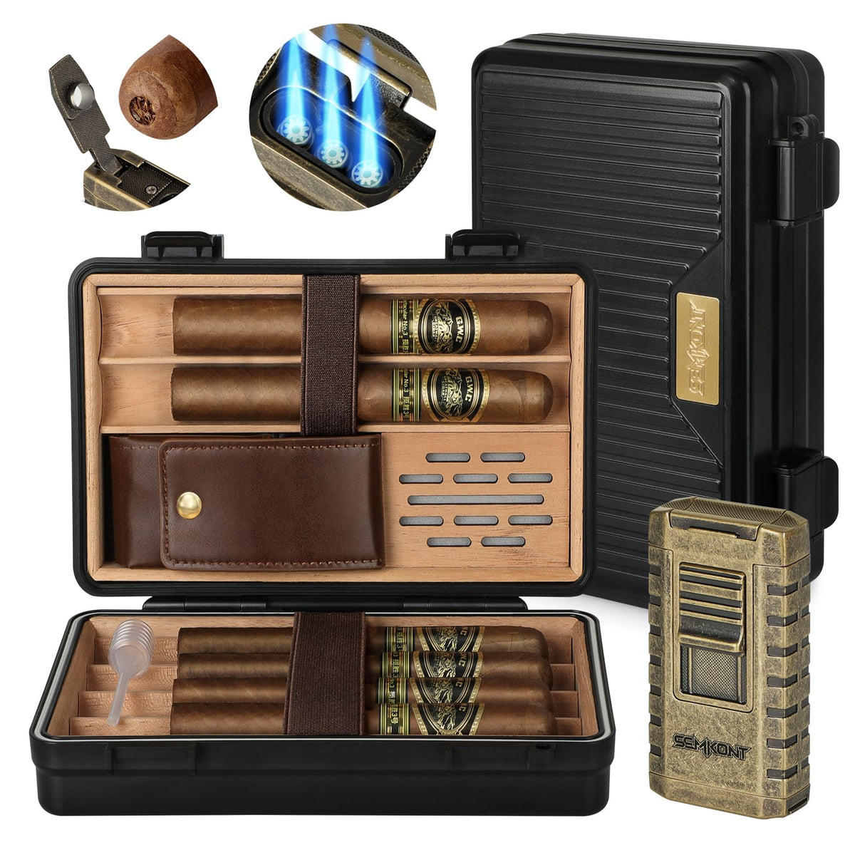 SEMKONT Travel Cigar Humidor, Portable Cedar Wood Lined Cigar Box, Waterproof Anti Pressure Sealed Cigar Storage Case, With Humidifier and Cigar Lighter Set, Can Holds 6 Cigars(Butane Not Included)