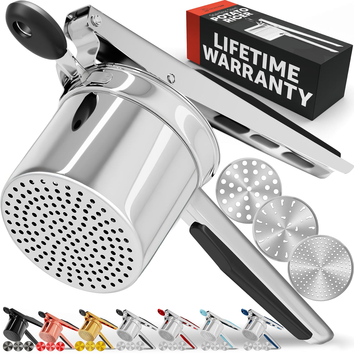 PriorityChef Large 15oz Potato Ricer With 3 Discs, Heavy Duty Stainless Steel Potato Ricer for Mashed Potatoes, Potato Masher, Press and Ricer Kitchen Tool, Black
