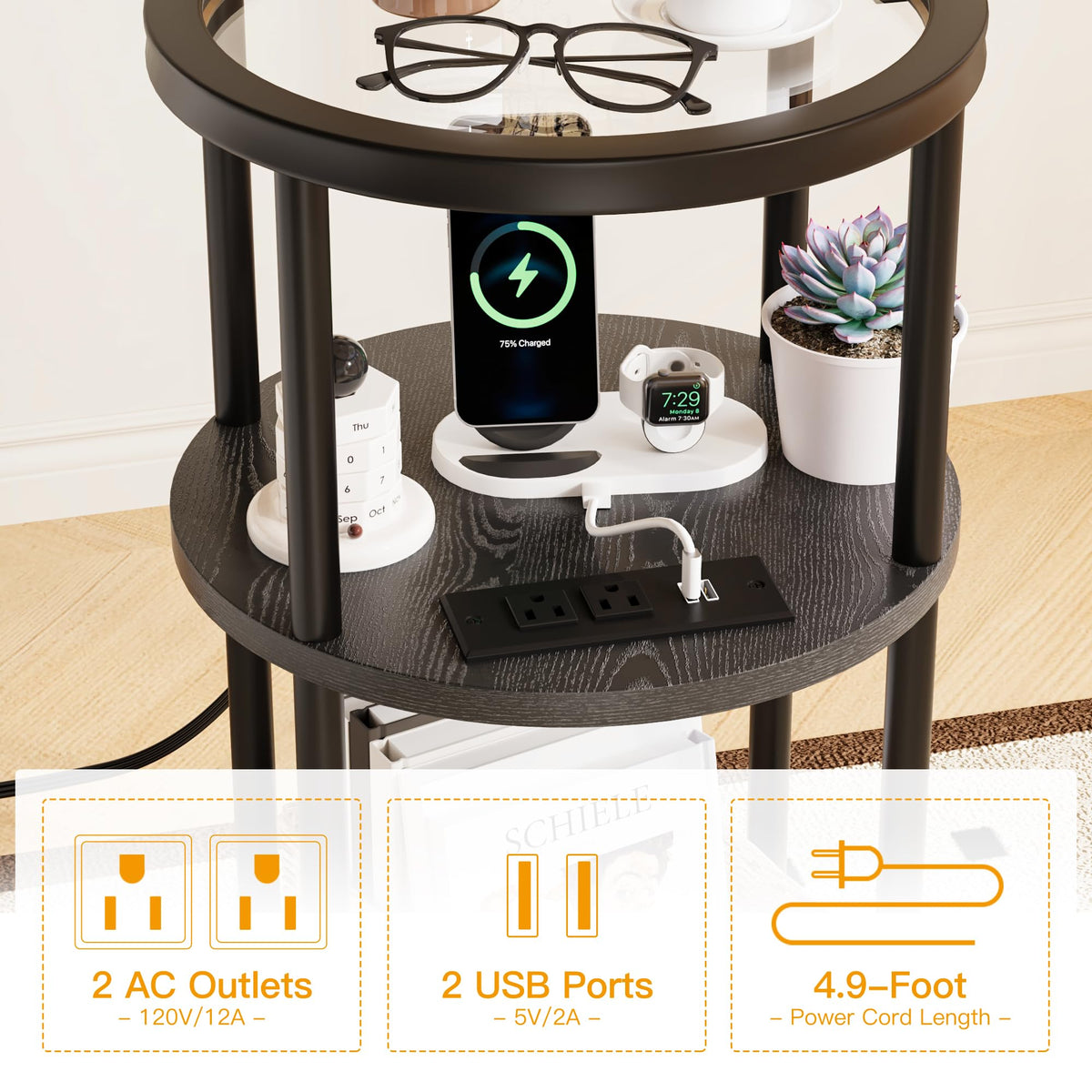 Homeiju Glass Side Table, 3-Tier Glass End Table with Adjustable Feet, Bedside Table for Small Space for Living Room, Balcony, Bedroom, Black, with USB Ports & Power Outlets