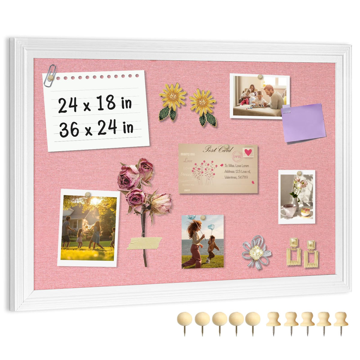 AMUSIGHT Large Pink Cork Board with Linen, 24" x 18" Hanging Wood Framed Bulletin Board, Picture Display Vision Board Corkboards for Wall Room School Office Decor, 10 Pushpins, 1 Pack