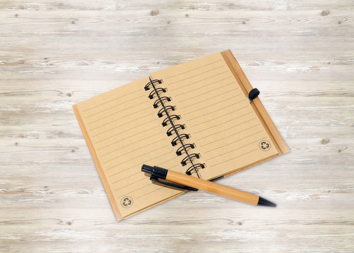Bamboo Covered Notebook, Spiral Hardcover, Bamboo Ballpoint Pen, Diary for Students, Sketches, Writing, Lined Page, Arts & Crafts, Note-Taking, 70 Sheets, Recycled Product, Eco-Friendly Production