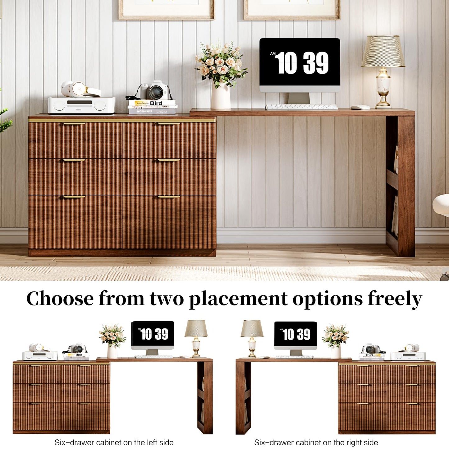 Ieejdn L Shaped Standing Desk,47" Home Office Desks, Executive, Farmhouse Computer Desk with 6 Drawers File Drawer, Rustic Computer Writing, Walnut