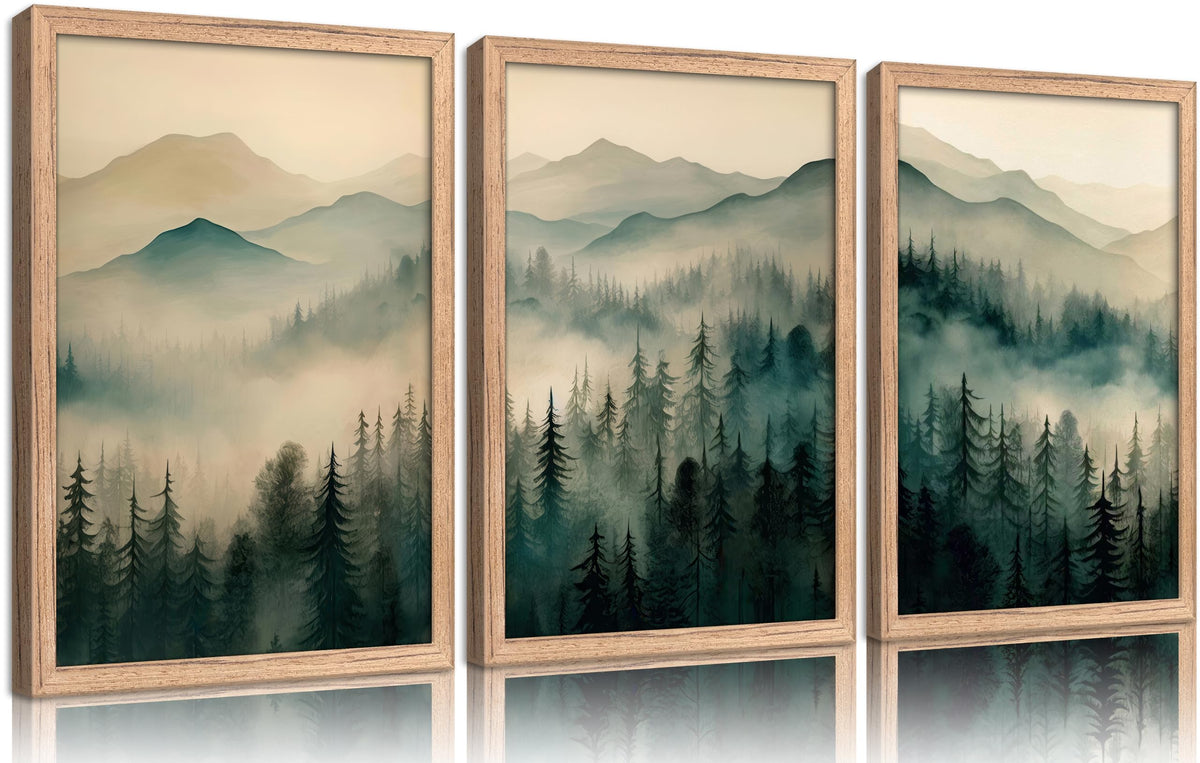 Framed Misty Mountain Forest Wall Art Set, Mordern Calming Pine Forest Oil Painting Canvas Prints, Smoky Mountain Landscape Wall Decor, Green Natural Scenery Poster for Living Room Bedroom Office