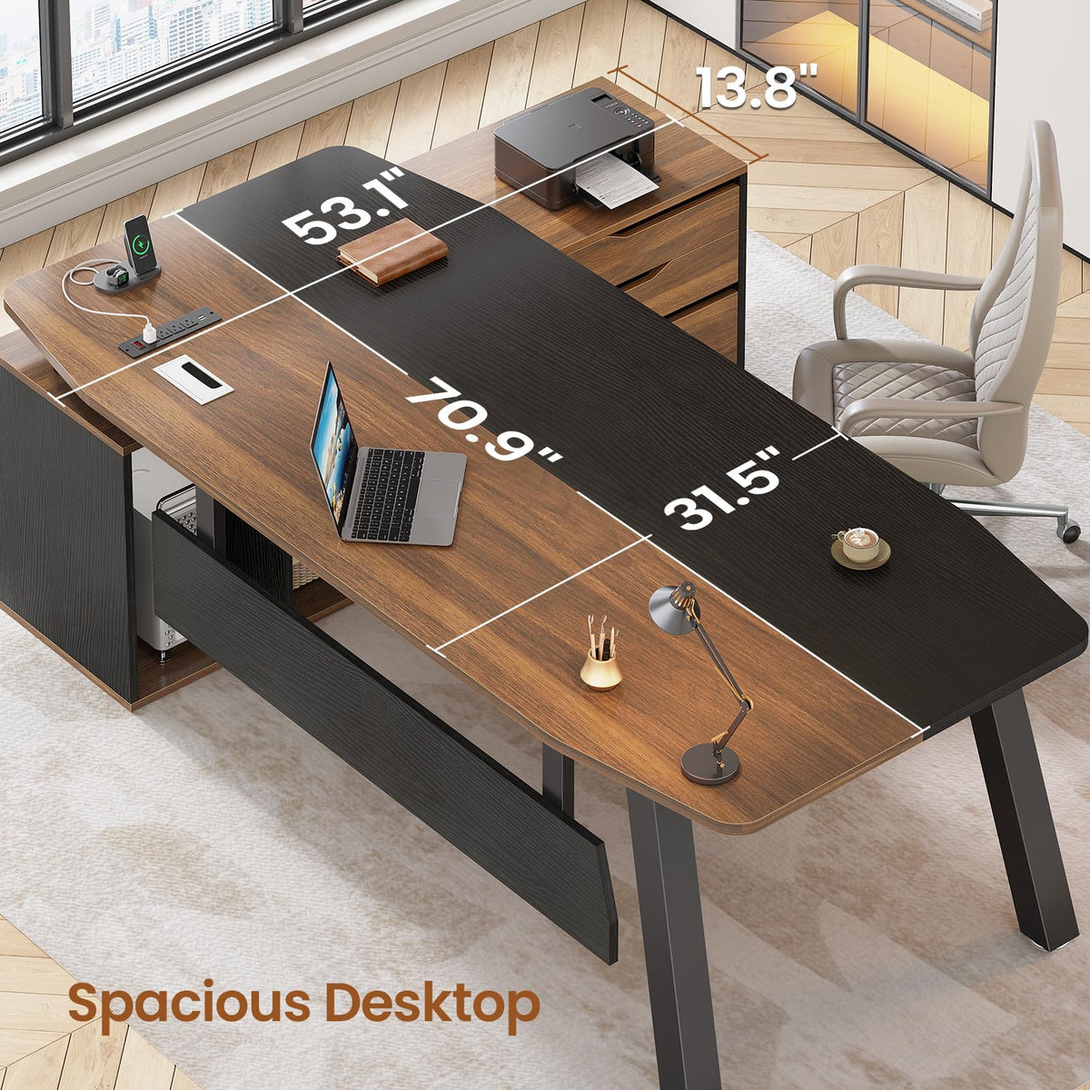 SEDETA 71" Executive Desk with File Cabinet, Large Office Desk with Drawers and Shelves, L Shaped Computer Desk with Power Outlets, Business Furniture Desk Workstation for Home Office, Walnut
