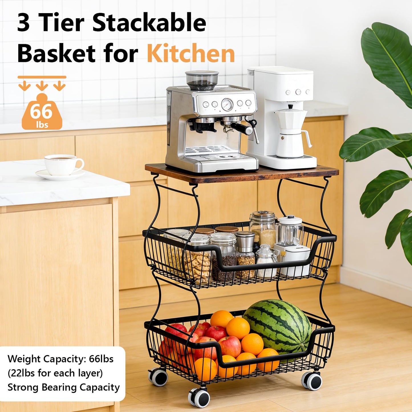 2 Pack Utility Rolling Cart 3-Tier Metal Storage Organizer Cart with Wooden Top Snack Rack Pantry Cart with Wheels for Kitchen, Bathroom, Office, Bedroom, Living Room, Black