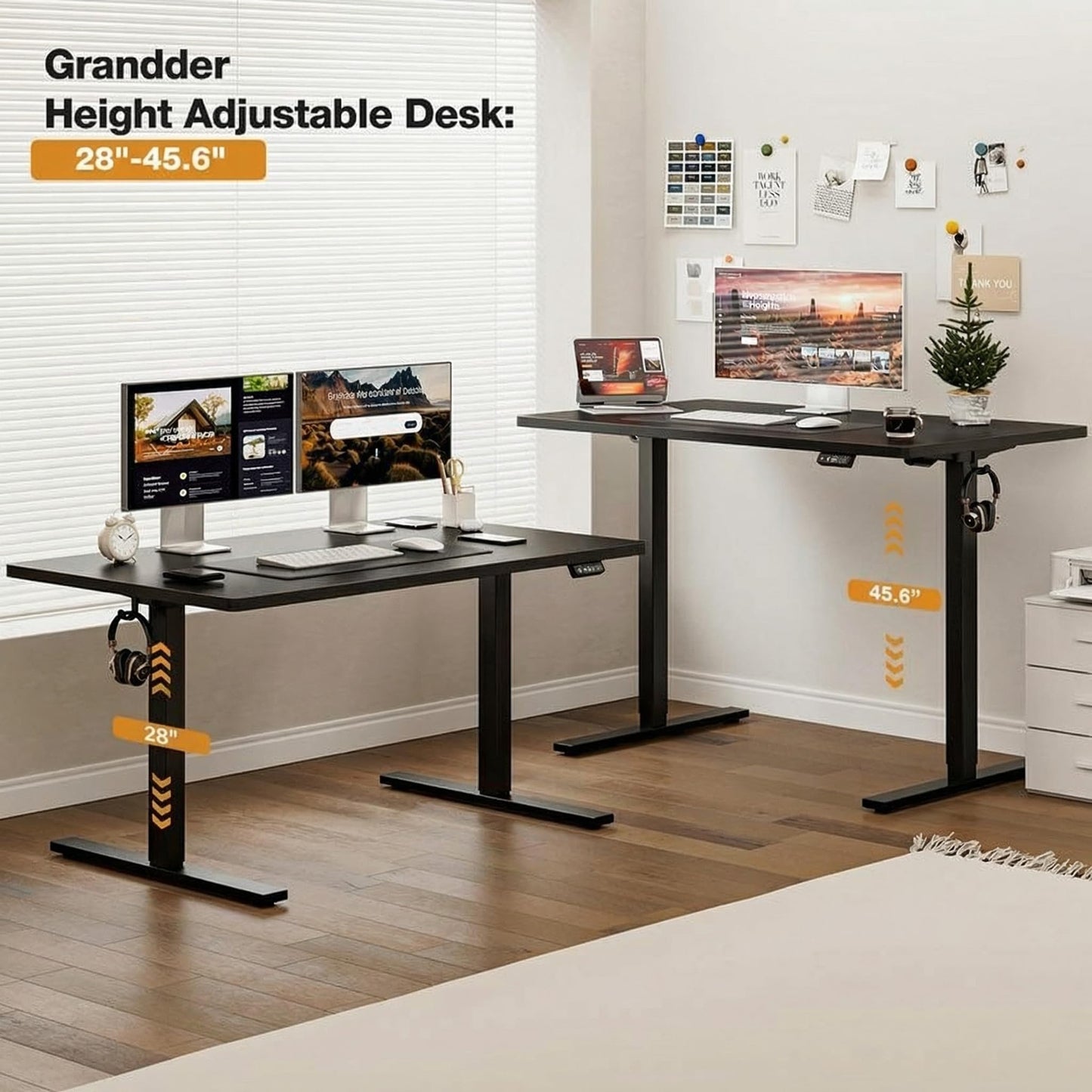 Grandder 55x32 Large Electric Standing Desk, Height Adjustable Computer Desk with 2 Memory Presets, 31.5" Deep Desktop Sit Stand Desk Home Office Desk Workstation Table with Hooks, Black