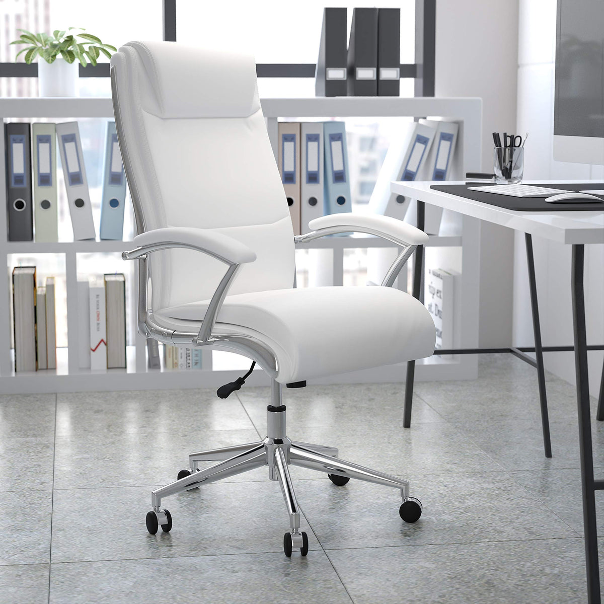 Flash Furniture Rebecca High Back Designer White LeatherSoft Smooth Upholstered Executive Swivel Office Chair with Chrome Base and Arms