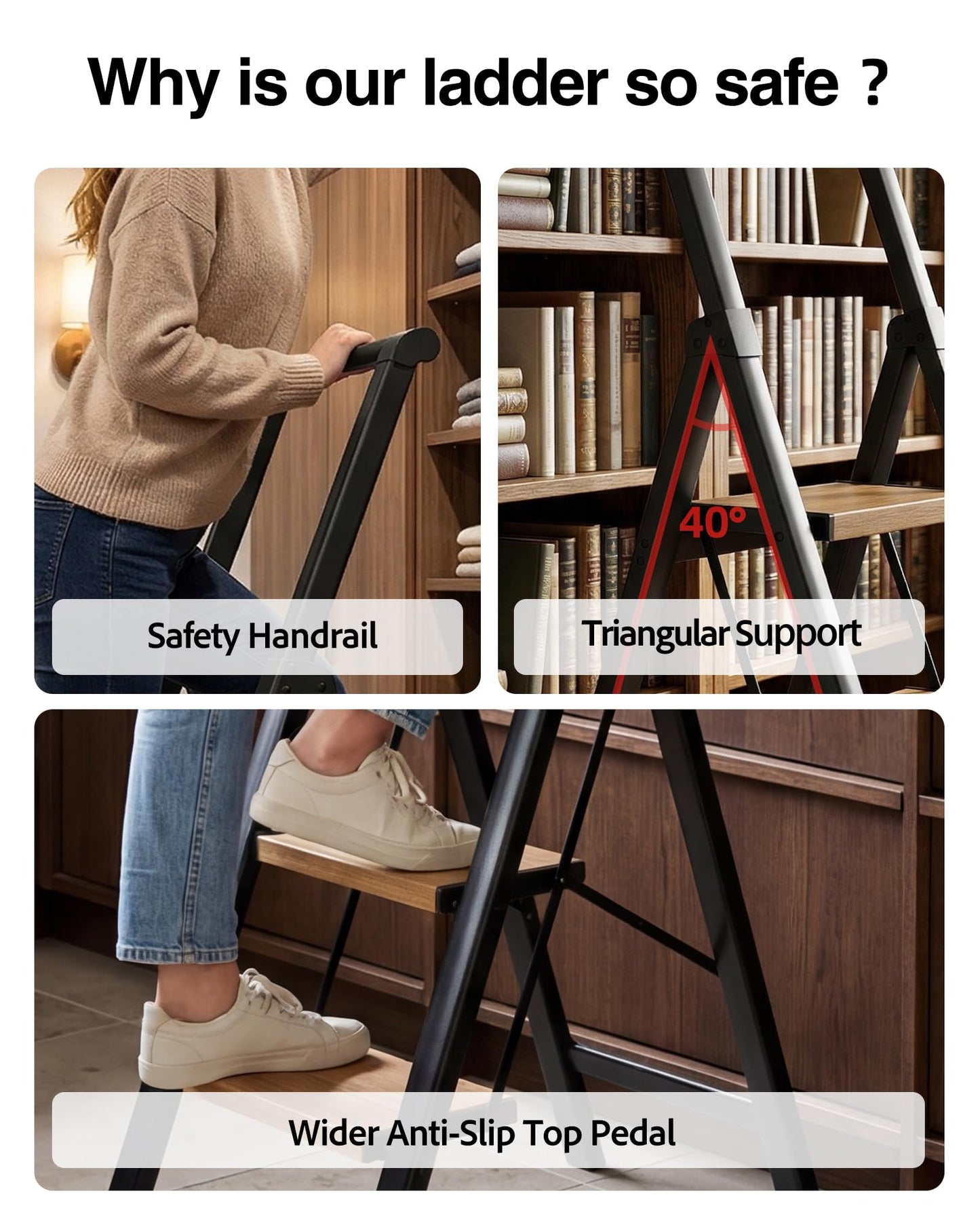 BEFITMACE 3 Step Ladder,Folding Step Stool with Aluminum Wide Pedal& Convenient Handgrip,330lbs Capacity Steel Ladder for Household and Office(Black &Woodgrain)