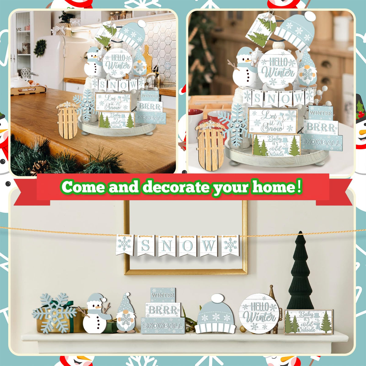 FairySandy 15 Pcs Winter Tiered Tray Decor Snowman and Snowflakes Wooden Signs Farmhouse Winter Tiered Tray Decorations Set Wood Table Decor for Holiday Home Kitchen