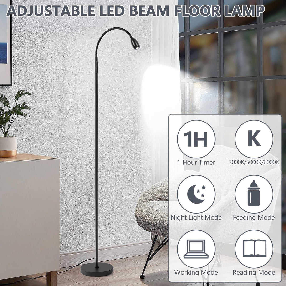 Reading Floor Lamp, 72" Tall LED Lamp with Flexible Gooseneck, Dimmable Zoomable Spotlight, Adjustable Color Beam Standing Lamp, Touch & Remote Control, Task Craft Bedroom Living Room, Matte Black