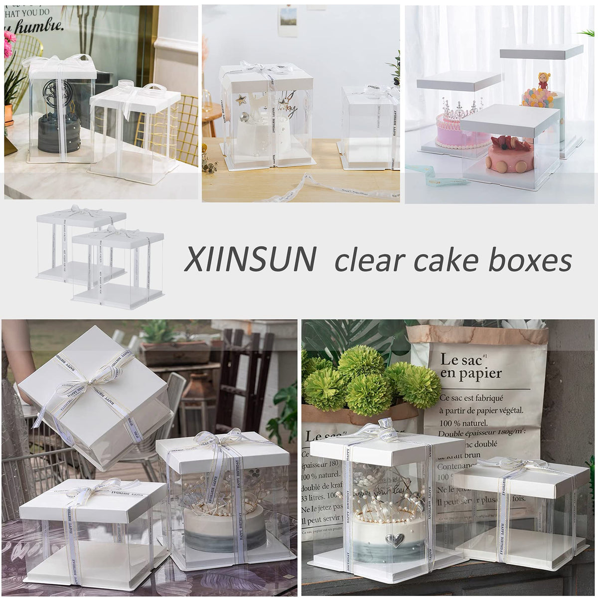 XININSUN 2Pcs Large Cake PET Clear Box, 10" X 10" X 9" with ribbon and pre-folded lid, for 8" cake packing carry, baking cookie display, Carry Tall Layer Gift, Festive Gift Box -White