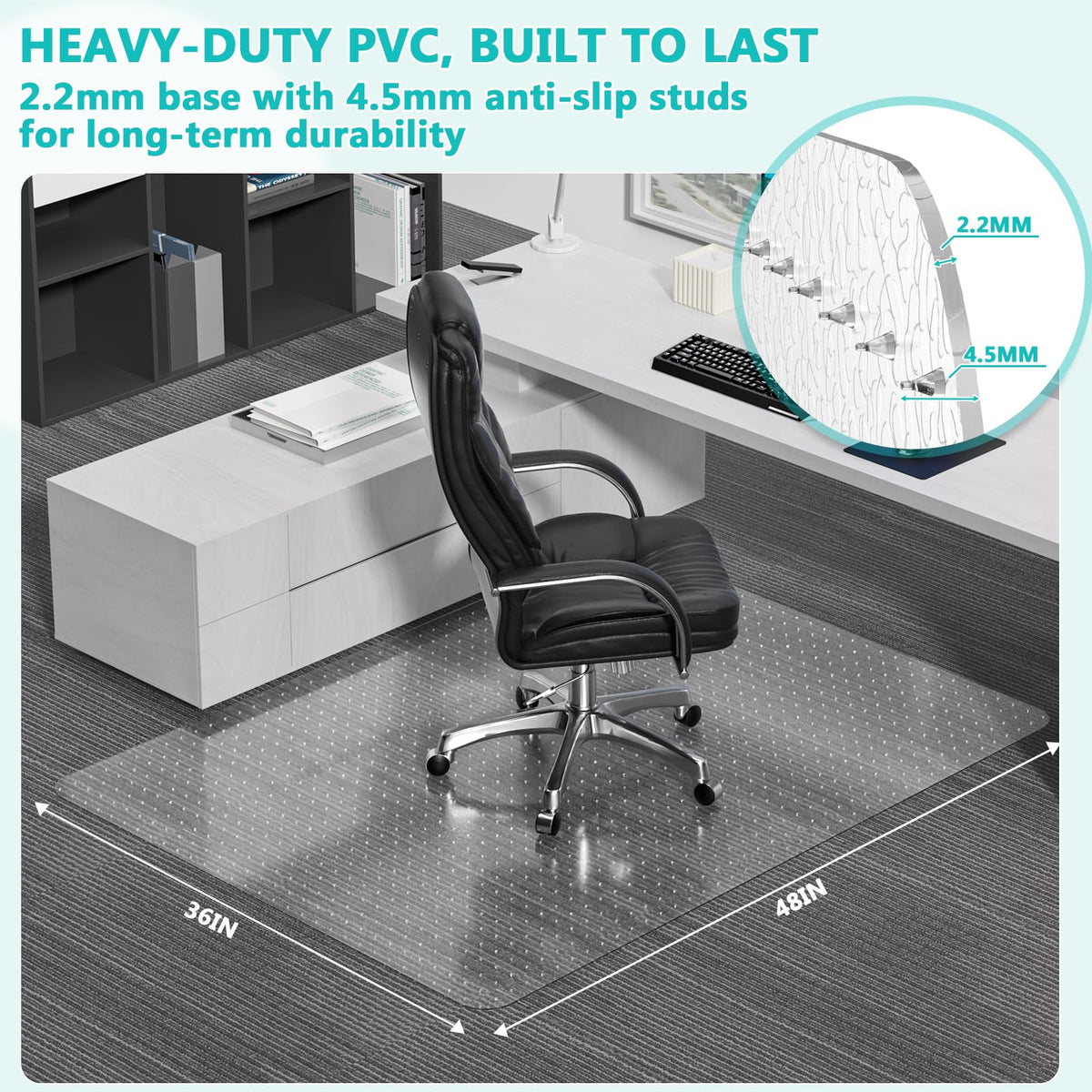 Office Chair Mat for Low Pile Carpet with Lip, 36" x 48" Clear Heavy Duty Plastic Floor Protector for Smooth Rolling Desk & Computer Chairs, Under Desk Chair Mat for Home Office