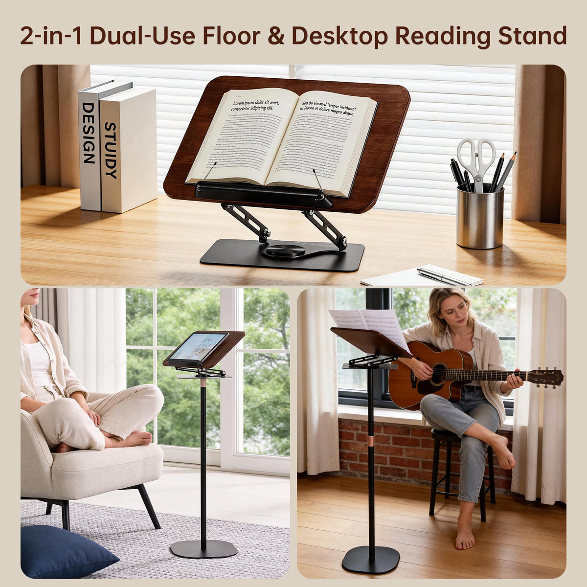 2-in-1 Floor & Desktop Book Stand, Dual-Use Height Adjustable 19"-62.2", Reading Stand Holder with 360° Rotating Base & Page Clips for Music Sheet, Laptop, Podium, Cookbook, Projector, 100% Solid Wood