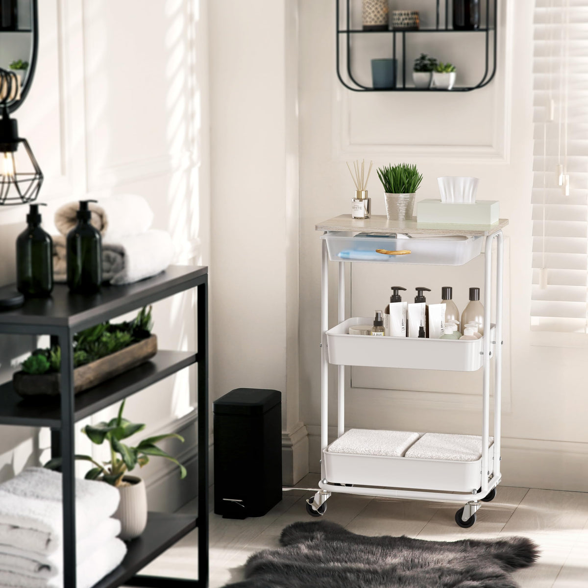 Simple Houseware 3-Tier Rolling Utility Cart with Drawer & Wood Tabletop - Mobile Sofa Side Table, Nightstand, Slim Storage Organizer Trolley for Bedroom, Bathroom, Office & Art Supplies, Maple