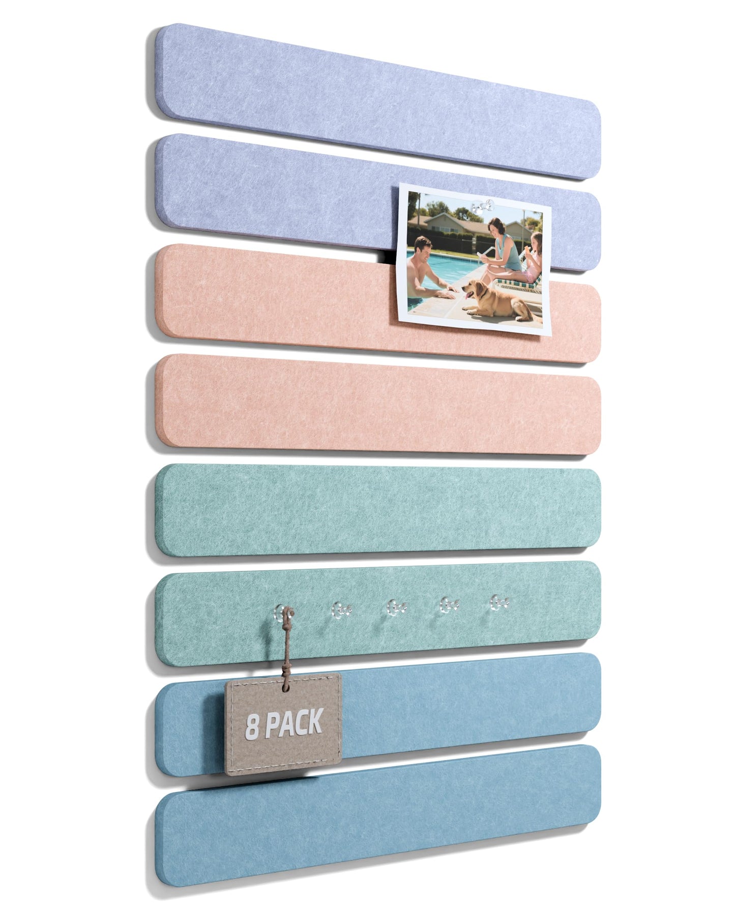 Cork Board Alternative Felt Strip Board 8-Pack 13"x2", Office Pin Board with 50 Push Pins, Adhesive Install for Bedroom Door & Home Office(Coastal Haze)