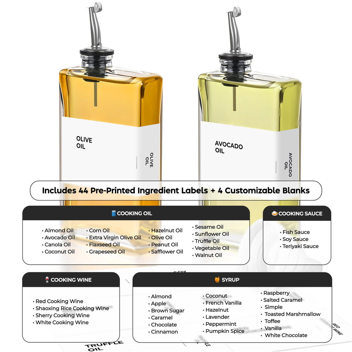 Spaceneat Olive Oil Dispenser Bottle - Includes 44 Kitchen Essential Labels - Cooking Oil Bottles for Kitchen, Coffee Syrup Dispenser - Pourer Spout with 11.8 fl oz Glass Container Cruet - 2pcs Silver