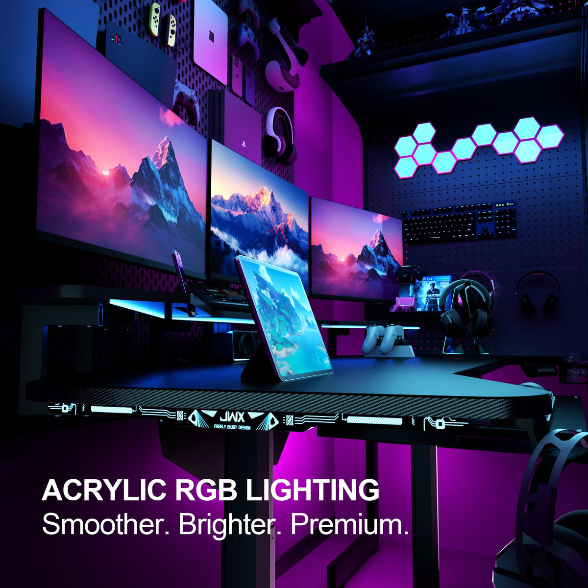 JWX 72" Height Adjustable Gaming Desk, 3-Zone Creator Workstation with Acrylic RGB Lighting, Keyboard Tray & Full Desk Mouse Pad, Dual Motor Sit Stand Desk for Streaming, Studio & Home Office