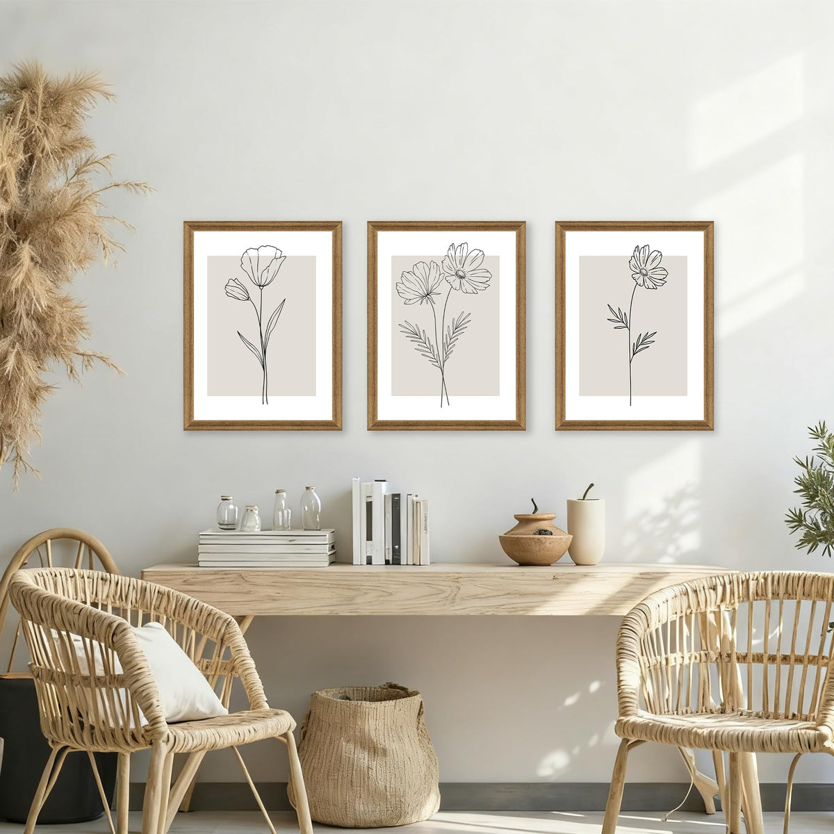 ICHZUMW Neutral Botanical Floral Wall Art, Black and White Farmhouse Flowers Wall Decor, Modern Minimalist Line Art Canvas Prints, Beige Artwork, Living Room Bedroom Home Office, Set of 3, 12x16in