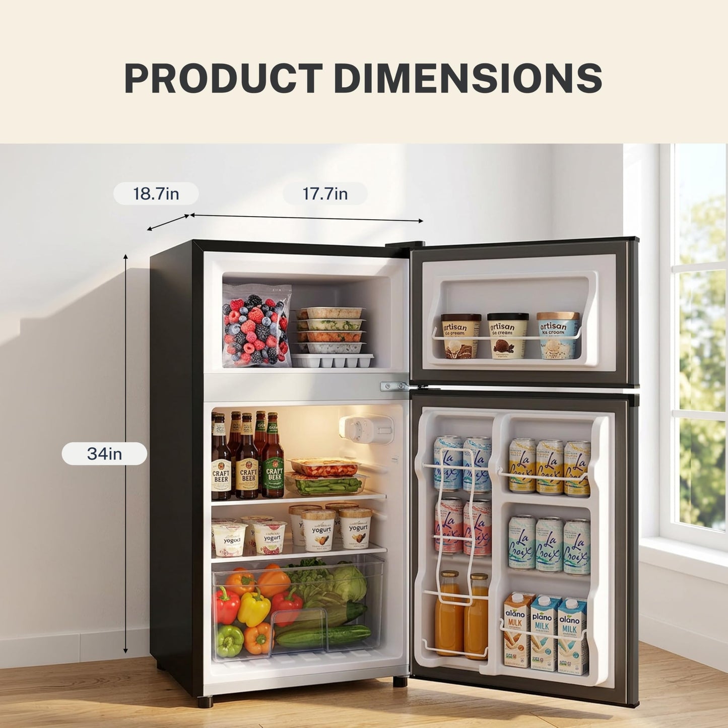 3.2 Cu.Ft Mini Fridge with Freezer, 2 Door Small Refrigerator with Adjustable Thermostat Energy-efficient Low Noise, Compact Fridge for Bedroom, Office, Dorm, Silver